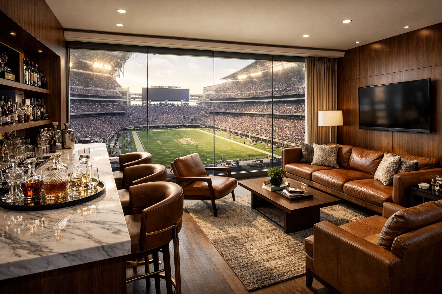 Super Bowl Branding Blitz Secrets Revealed: What Experts Don't Want You to Know About VIP Logistics Luxury stadium suite with a panoramic field view, perfect for high-stakes Super Bowl corporate hospitality.