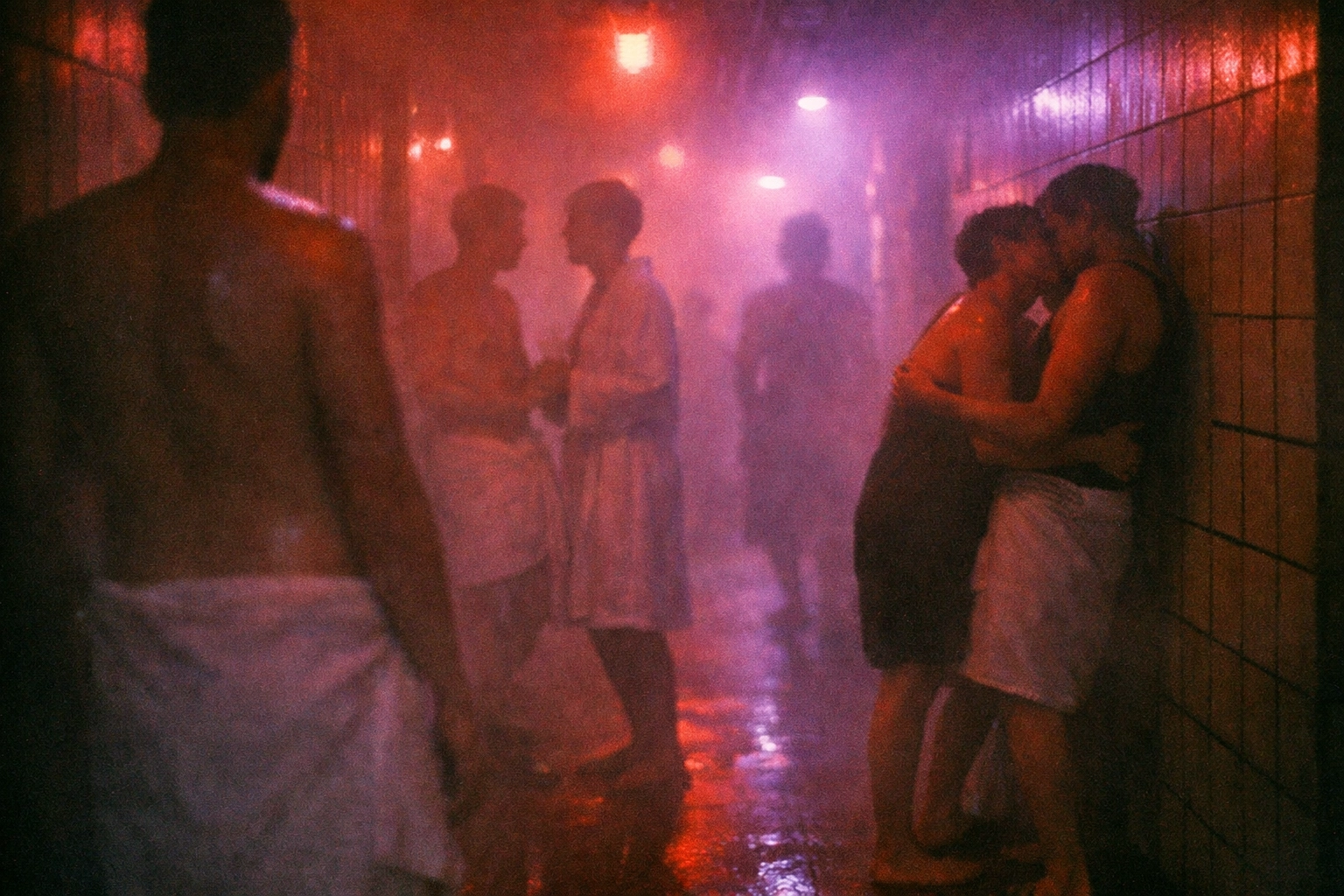 A steamy club-sauna corridor lit in low red/purple light with towel-wrapped silhouettes, grainy analogue nightlife vibe.