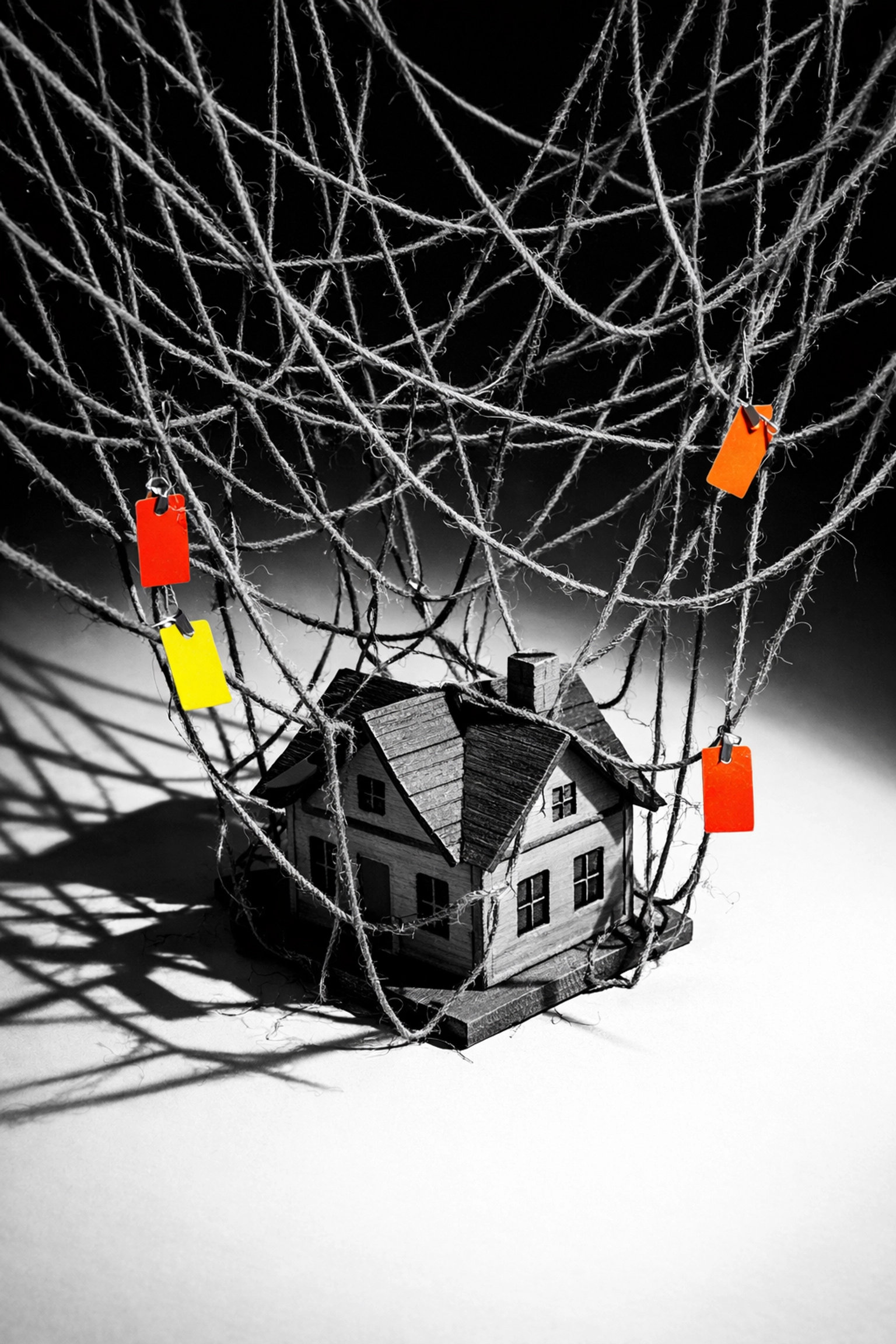 Model house tangled in strings illustrating hidden costs of builder