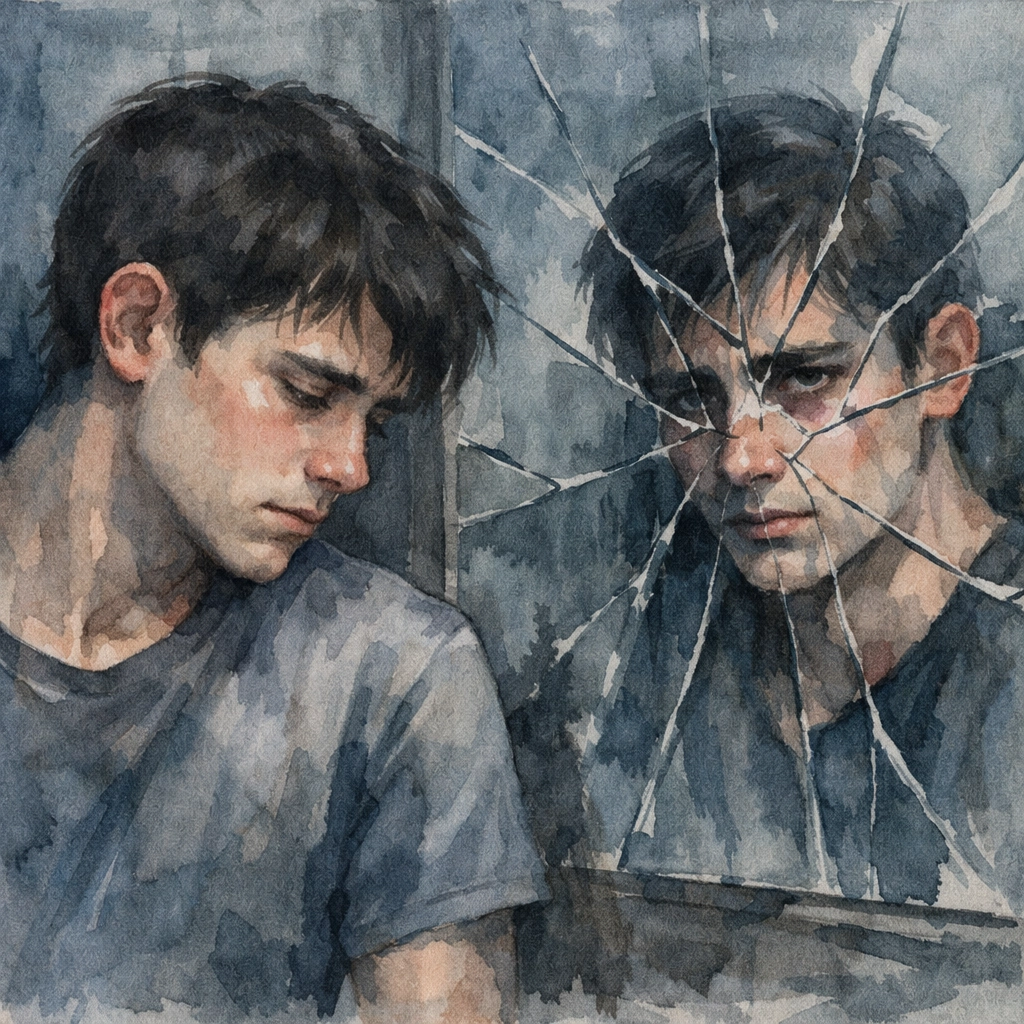 Man avoiding mirror reflection representing closeted gay identity and internalized shame