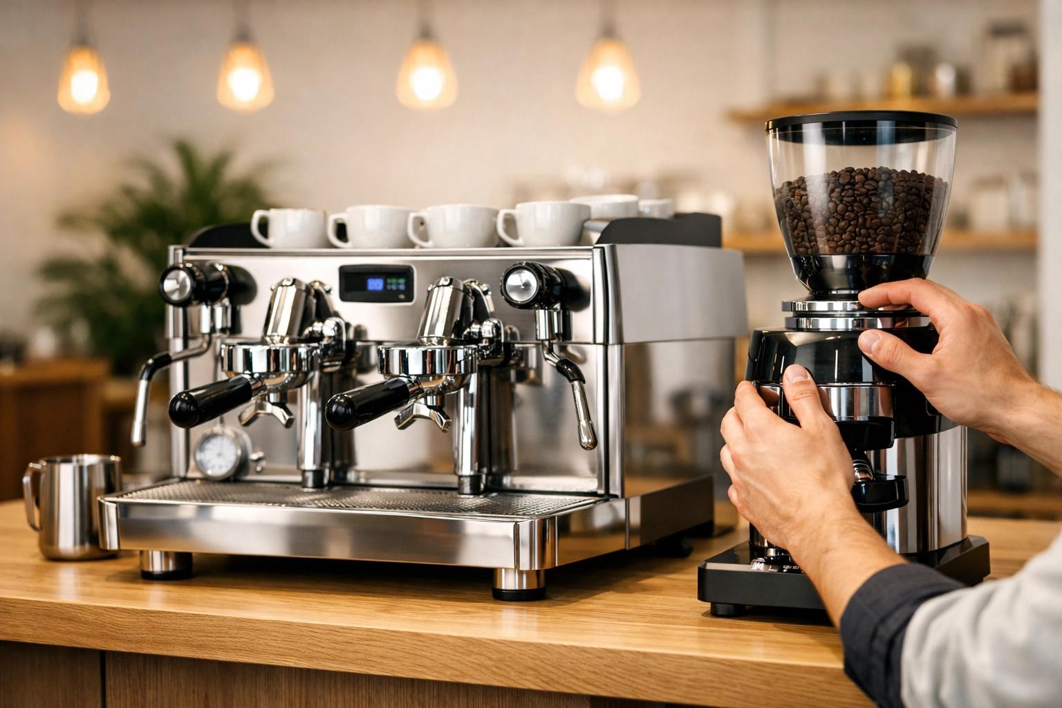Modern cafe espresso machine and grinder setup showcasing high-quality coffee shop equipment.