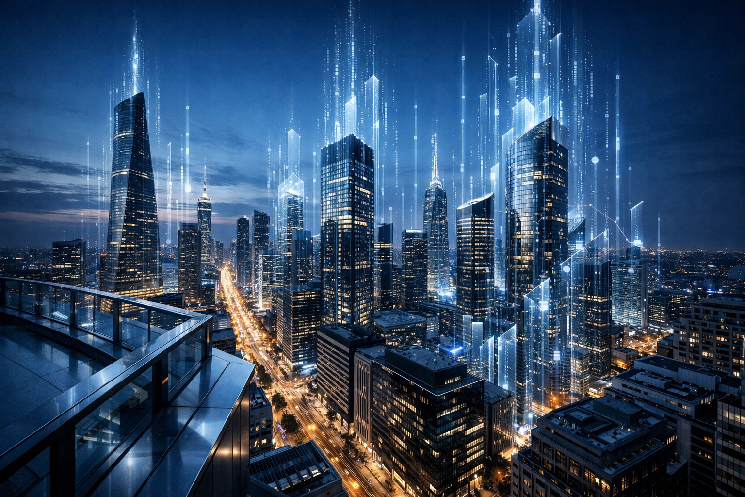 Urban skyline with data layers representing the compounding value of local search growth.