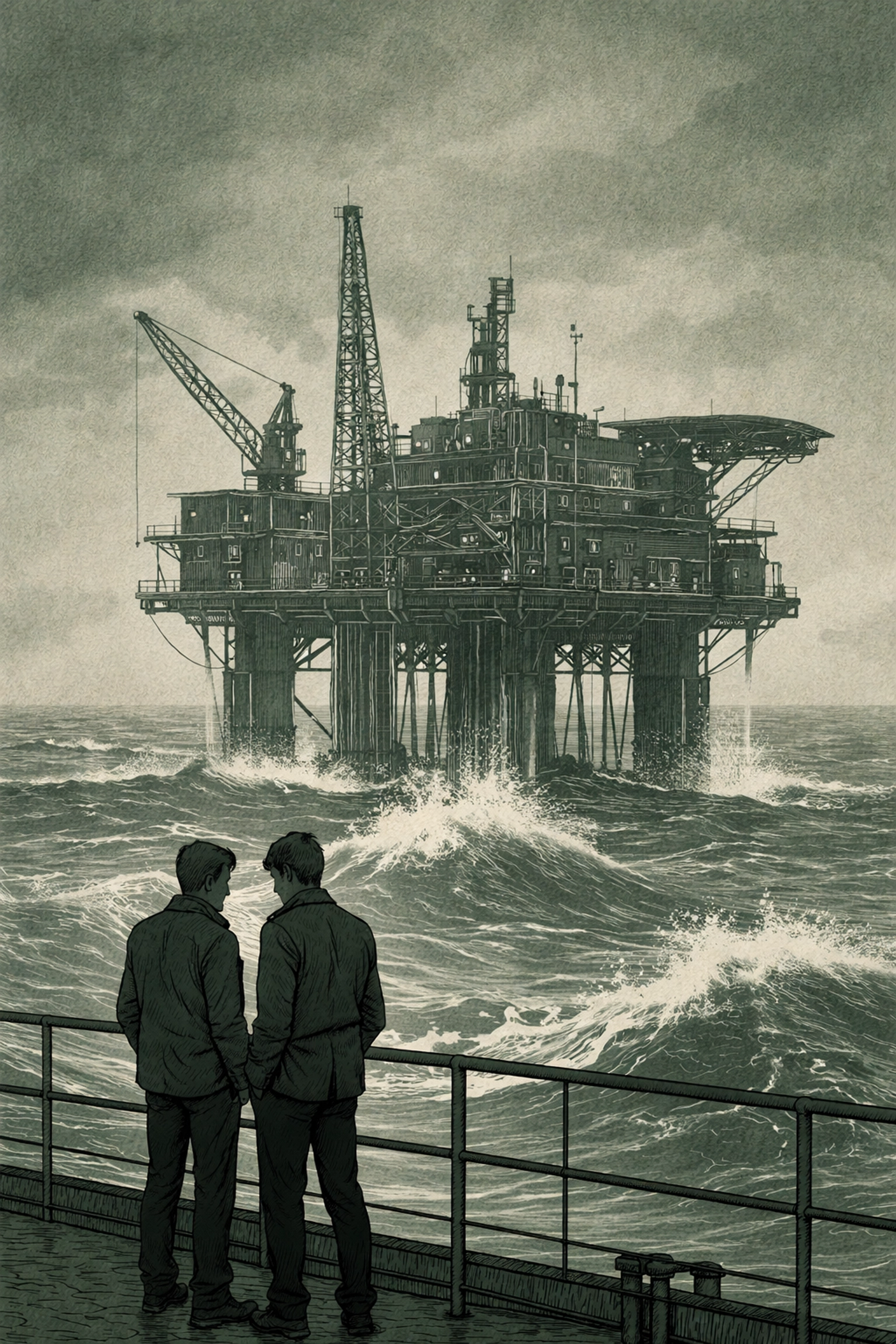 Two men stand closely on a North Sea oil platform deck amid stormy waves, highlighting romance and tension.