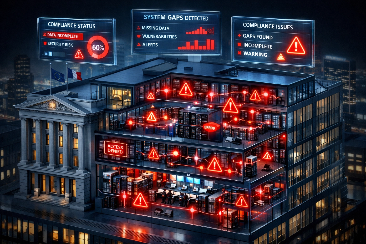 European banking infrastructure showing DORA compliance gaps and vulnerabilities in IT systems