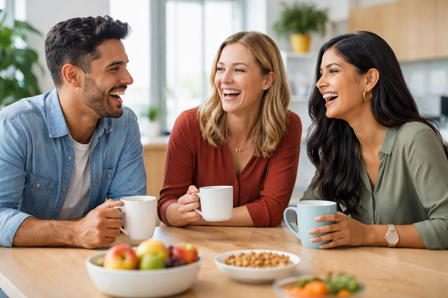 Coworkers sharing a positive moment in the break room demonstrating workplace gratitude and connection