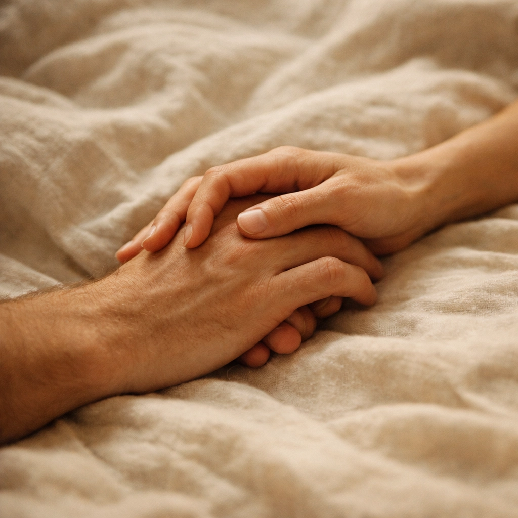 Egymásba fonódó kezek az ágyon, a valódi szexuális intimitás és felépülés jelképe.