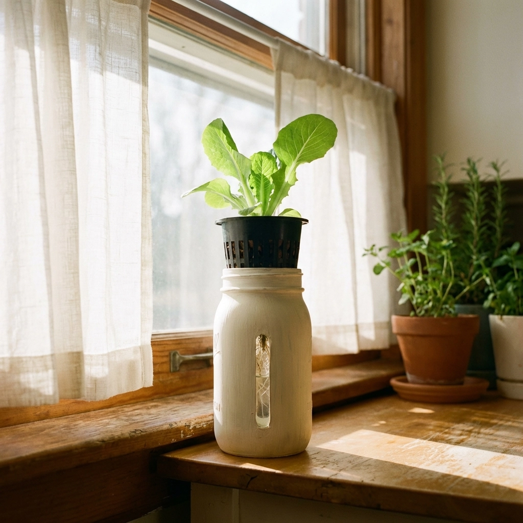 Kratky hydroponic system with lettuce seedling growing in a painted jar on a kitchen windowsill
