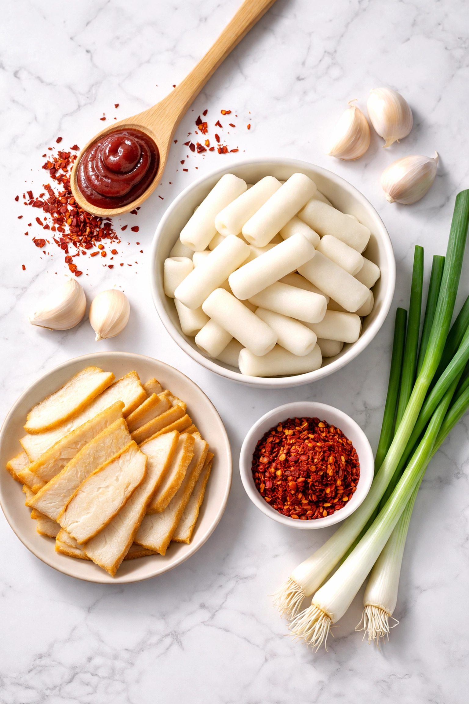 Key tteokbokki ingredients including rice cakes, gochujang, fish cakes, and fresh vegetables on marble