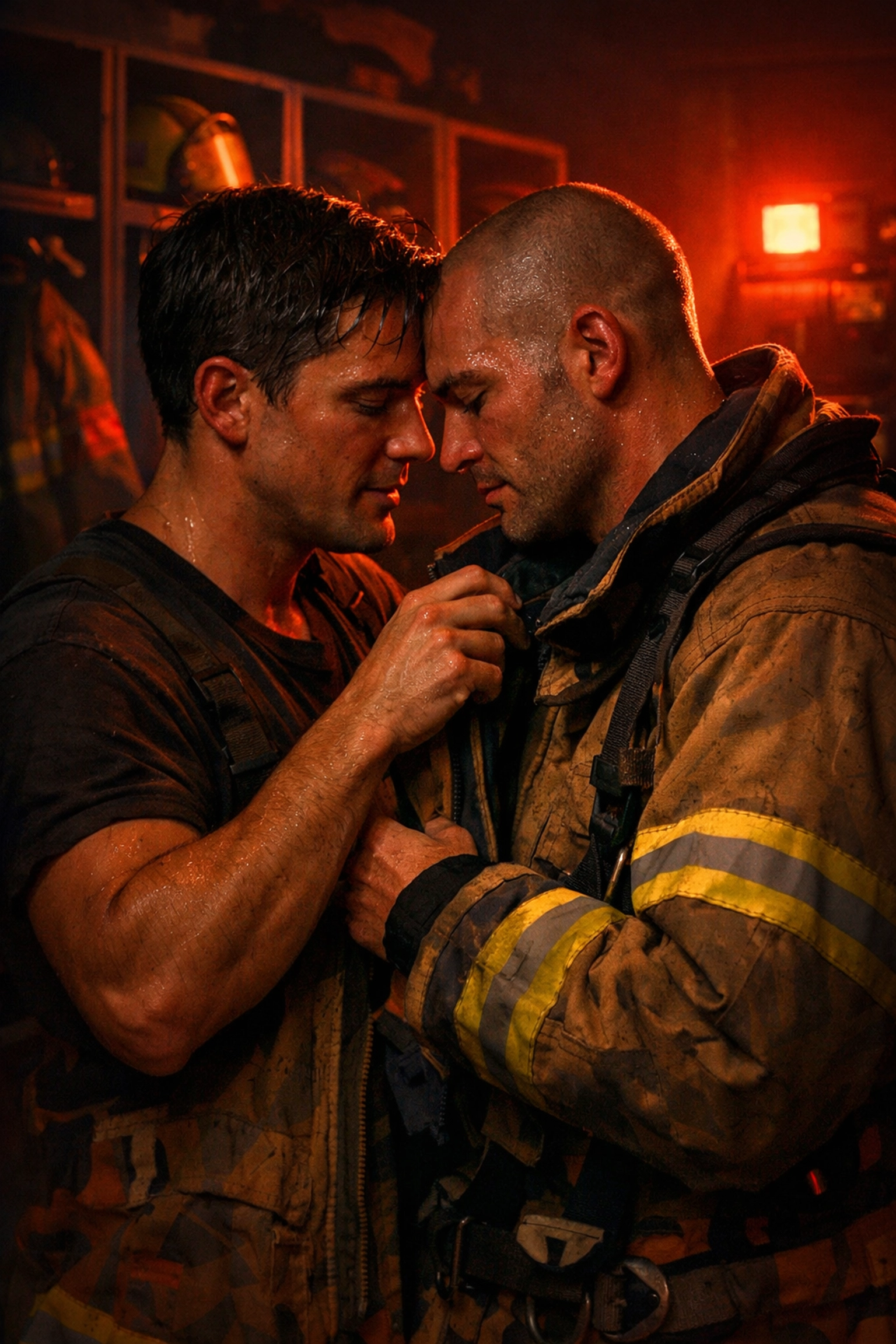Two firefighters sharing intimate moment at station - workplace gay romance with emotional connection