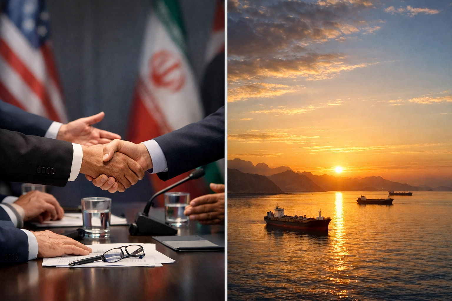 Diplomatic handshake and peaceful Strait of Hormuz representing international peace negotiations