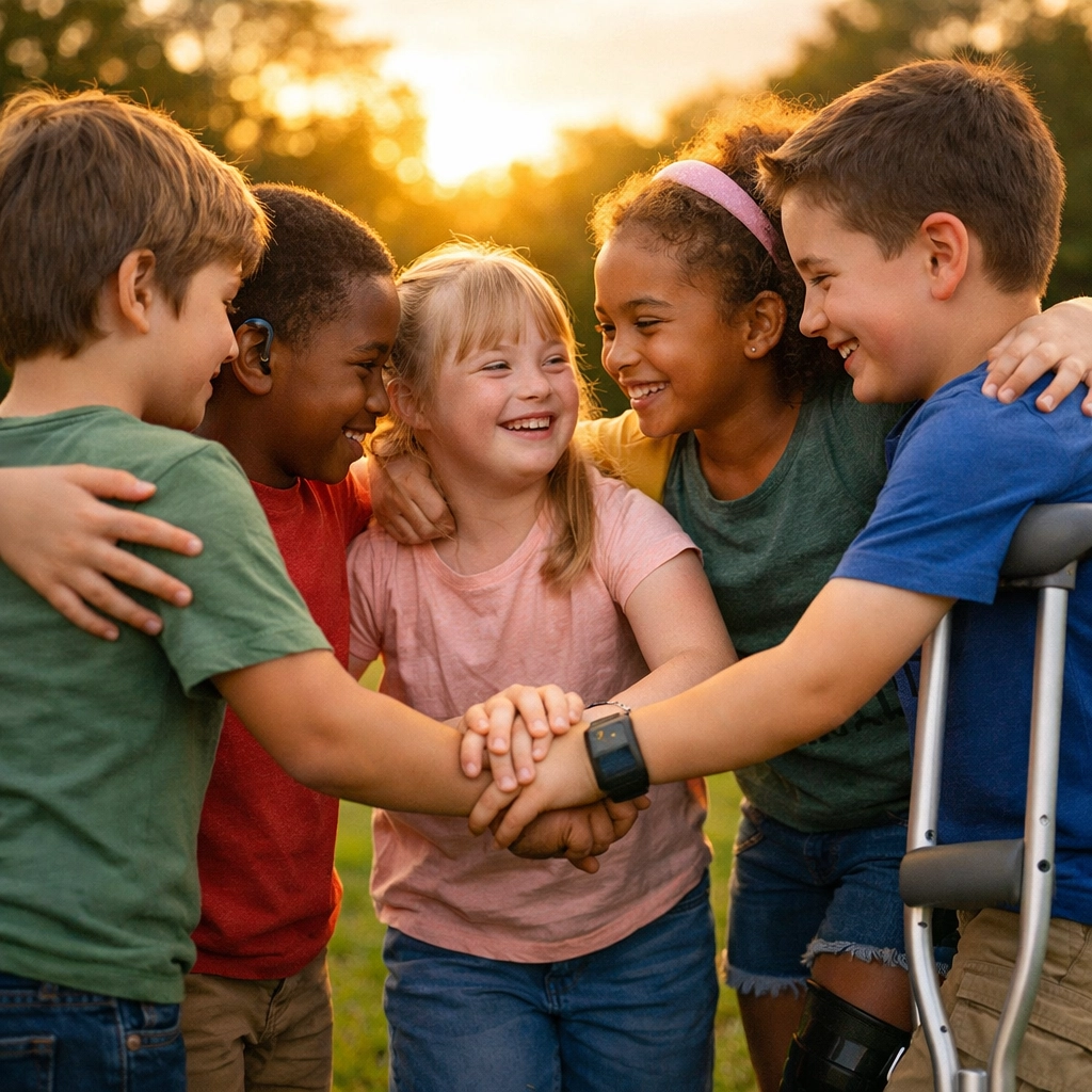 A diverse group of children standing in a supportive circle in a park, fostering a sense of community.