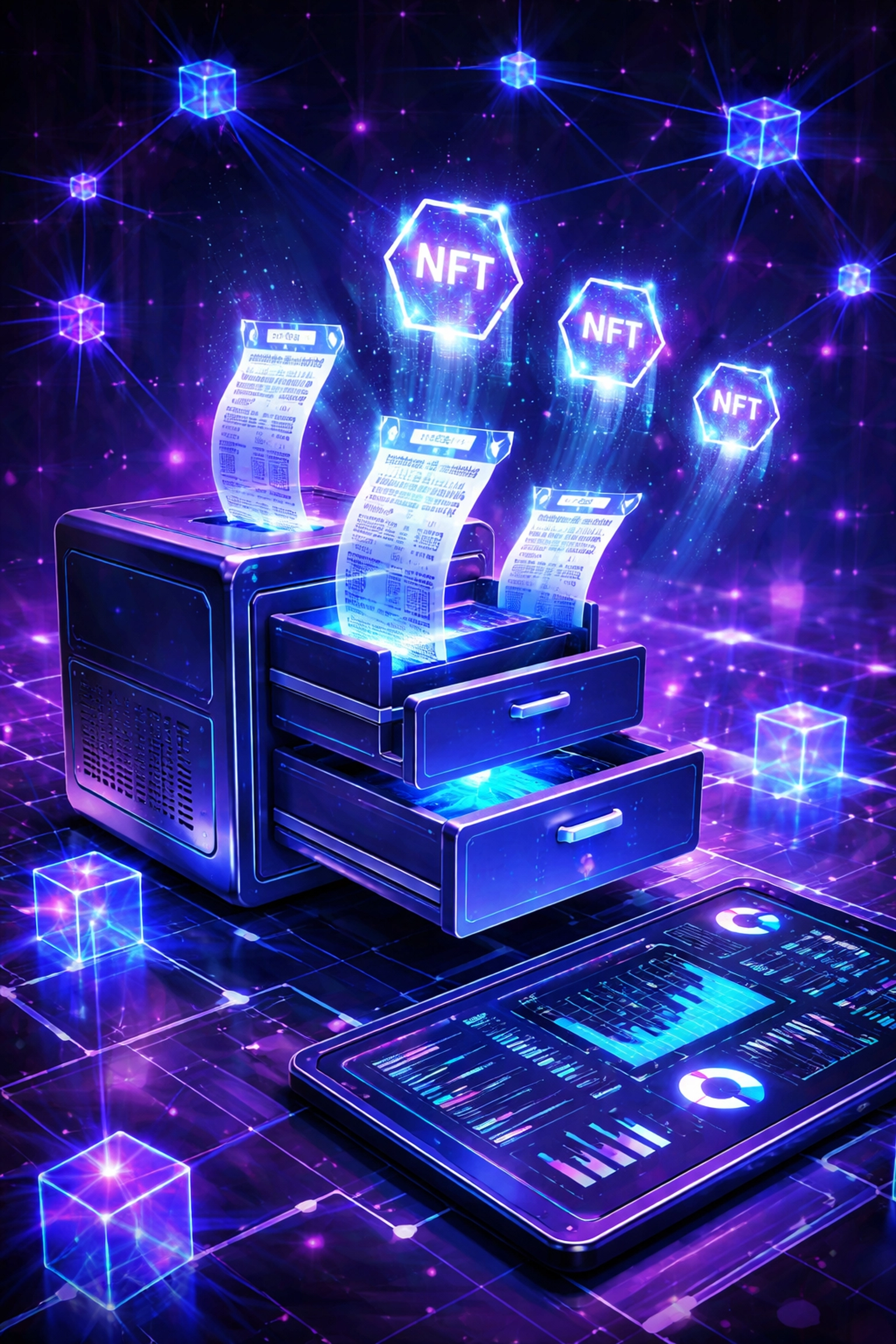 Digital filing cabinet and NFT receipts representing secure blockchain record-keeping for Larecoin merchant payments