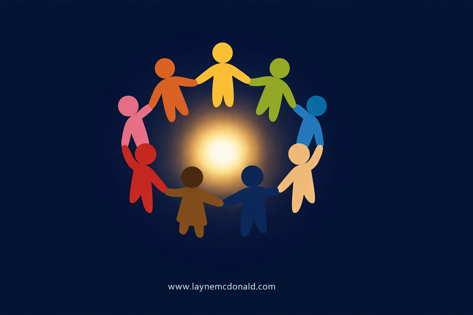 Diverse figures in a circle around a light source symbolizing spiritual belonging in the family of God.