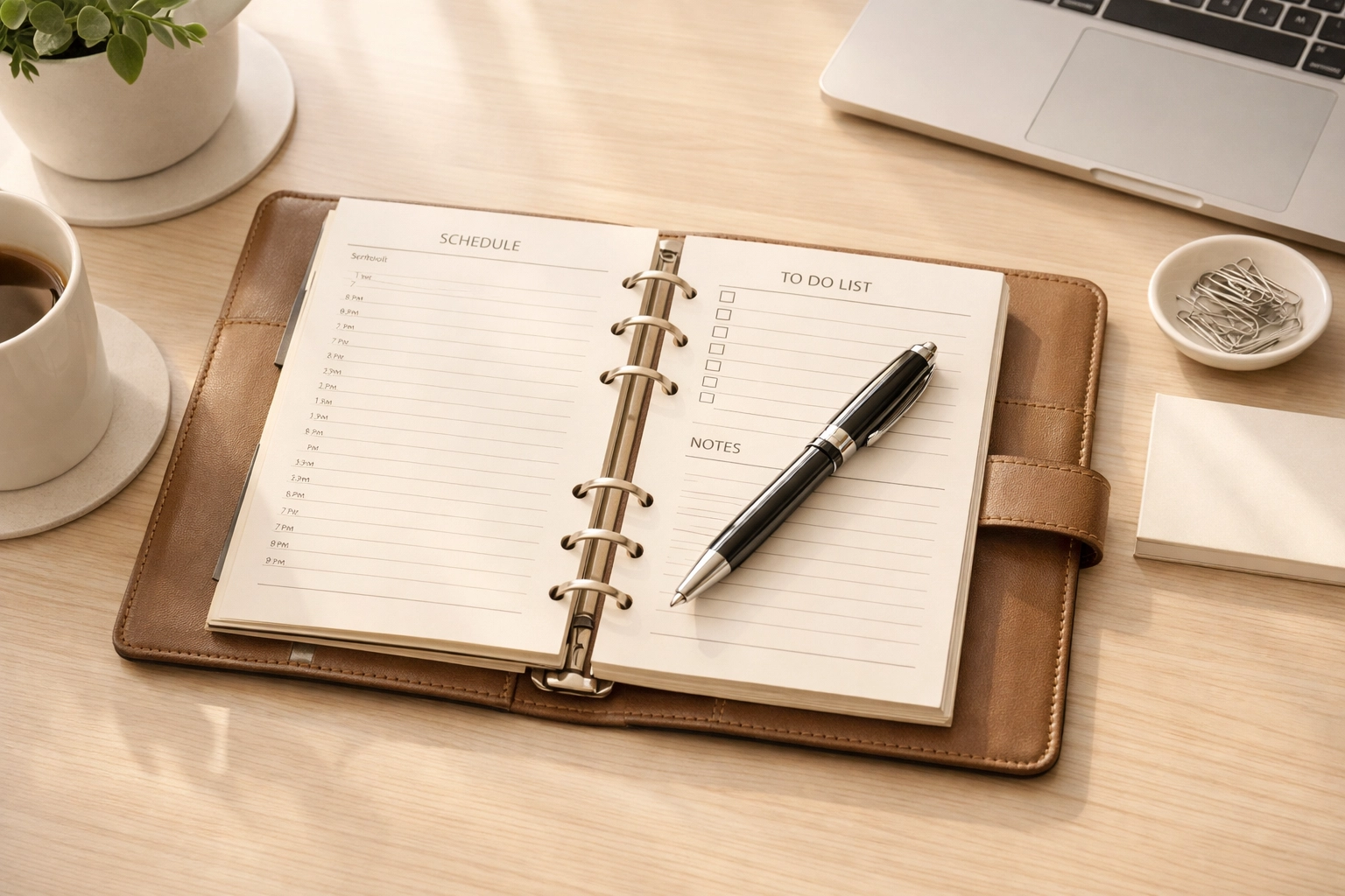 Organized planner on a clean desk representing clear QuickBooks sub-account categorization.