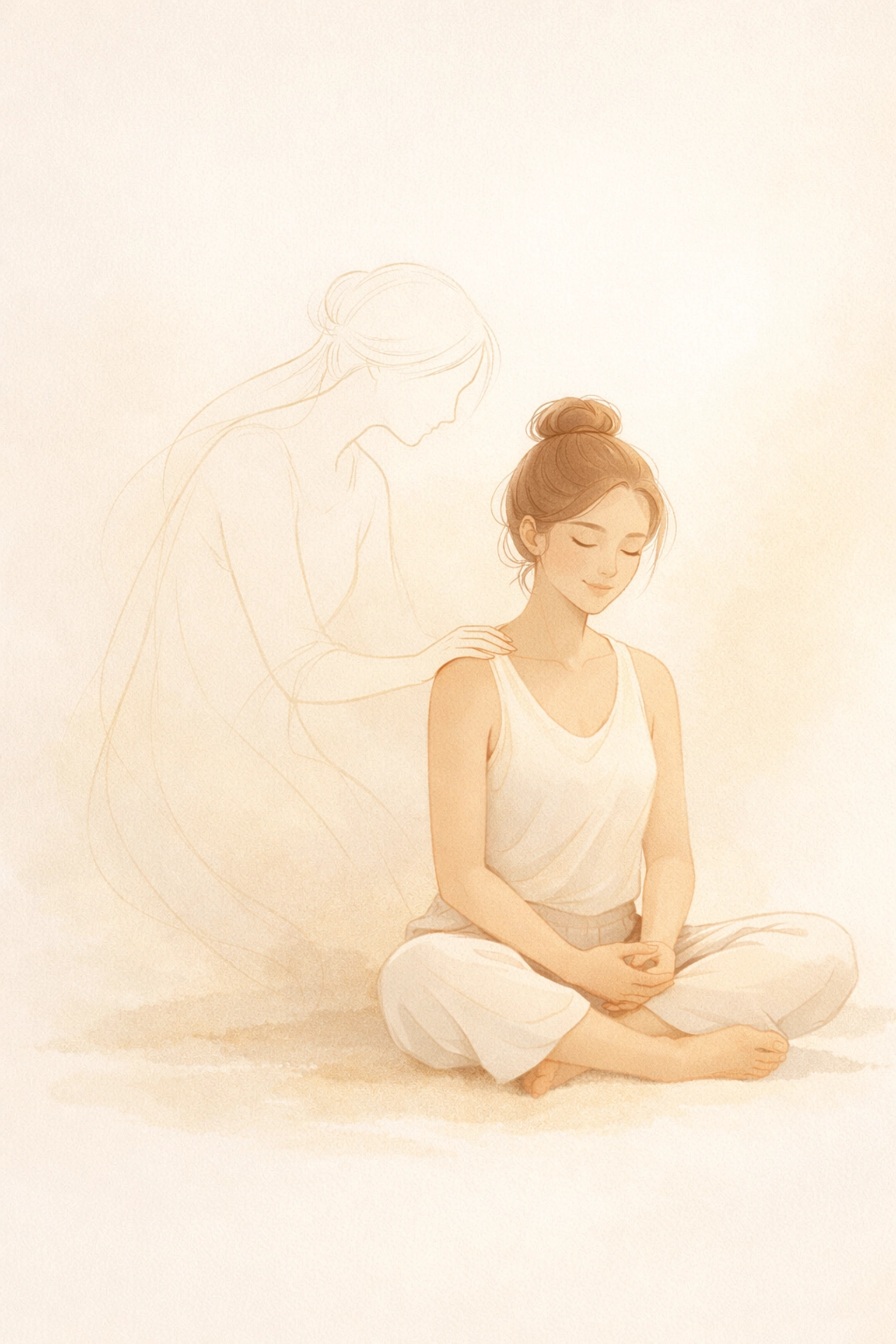 Minimalist illustration of a person meditating and gently connecting with their shadow self through shadow work.