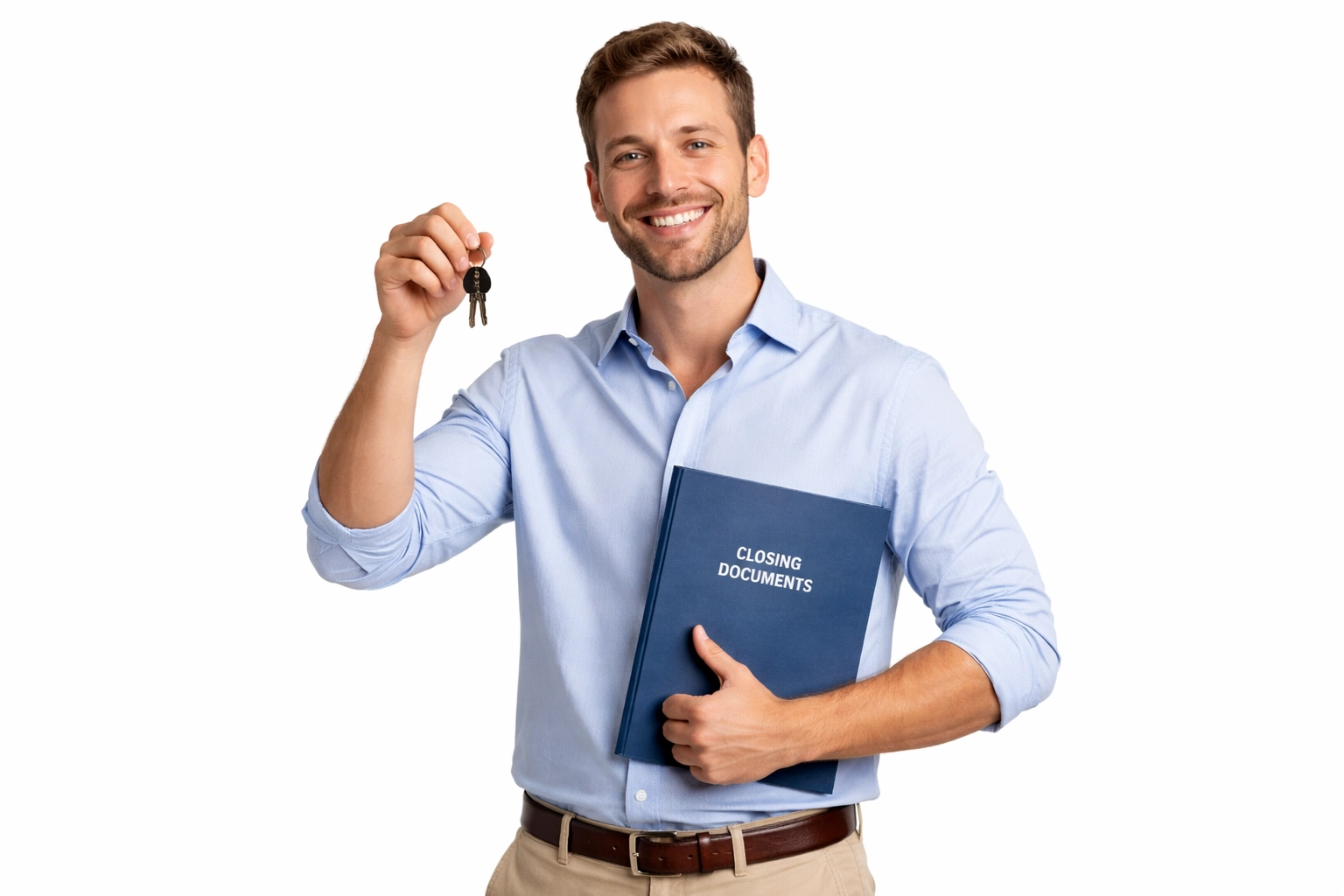 Relieved homeowner holding keys and closing folder on a white background