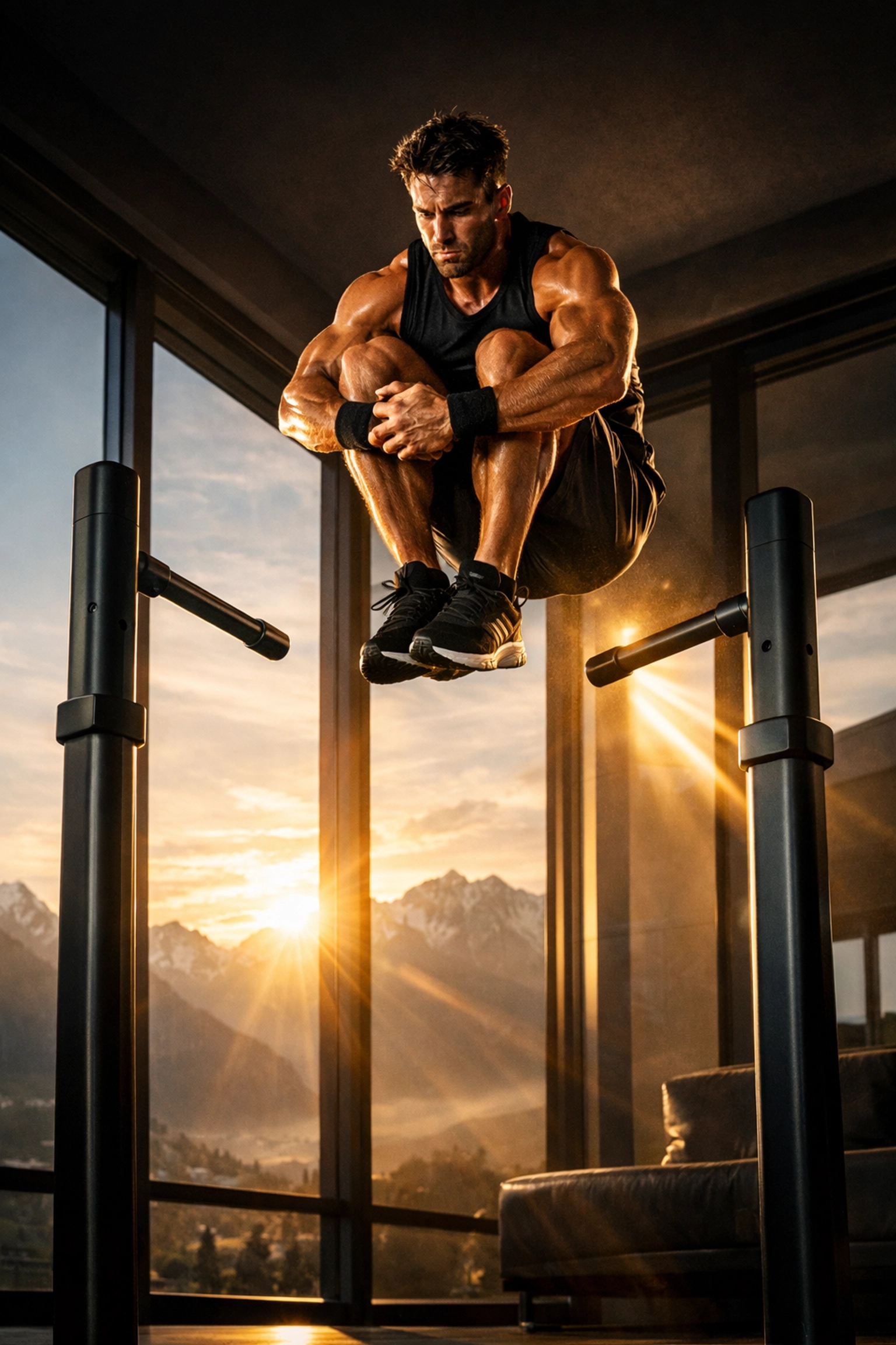 An athlete performs explosive tuck jumps on a floor to ceiling calisthenics rail system at home.