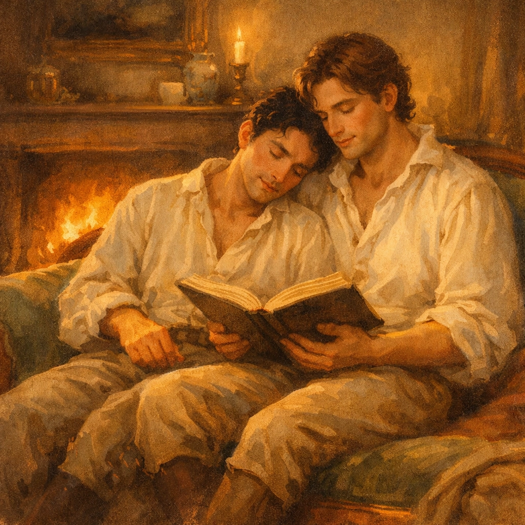 Two men in Regency attire sitting by a fireplace reading, depicting quiet intimacy in MM romance novels.
