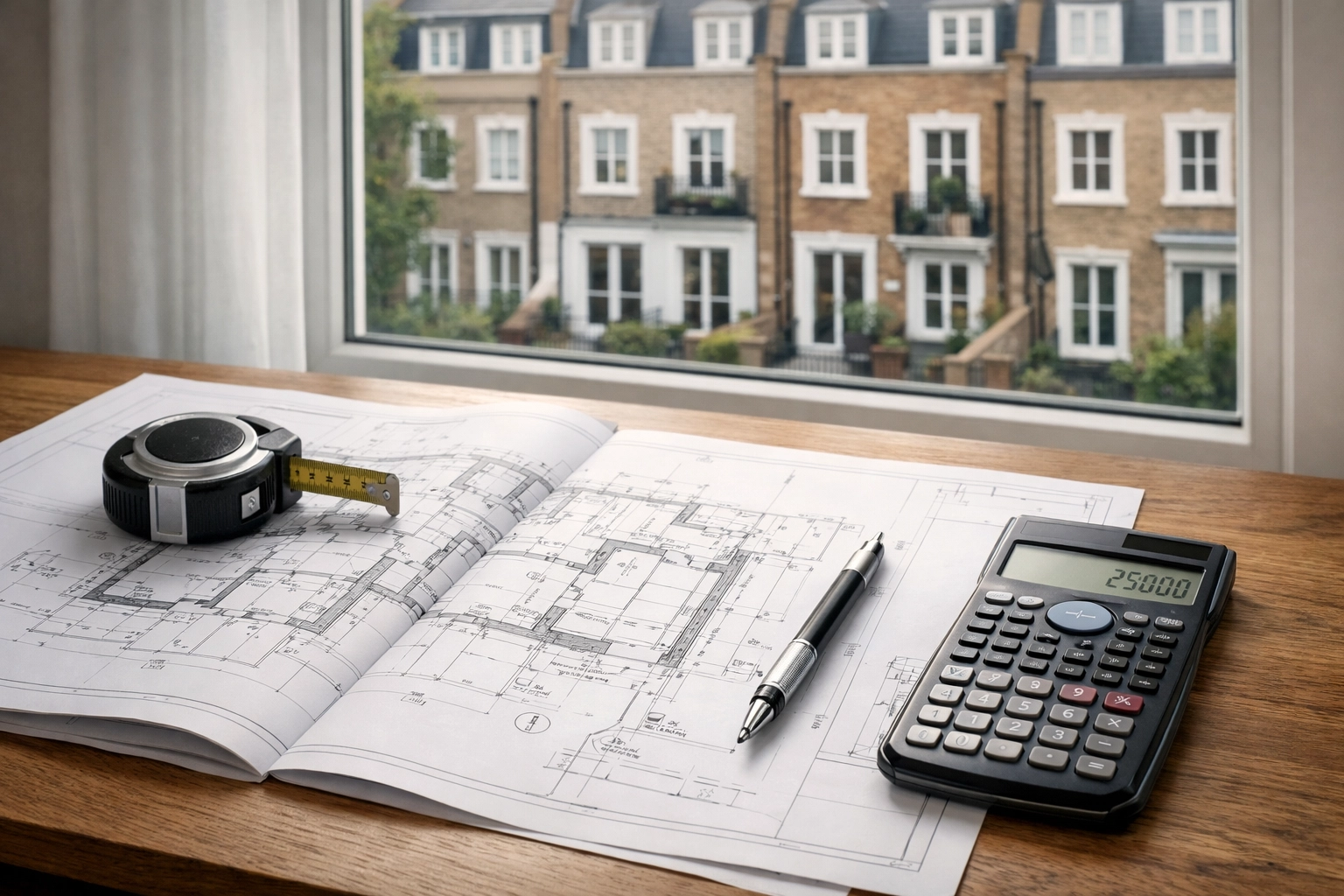 Architectural blueprints and planning tools for London residential building project