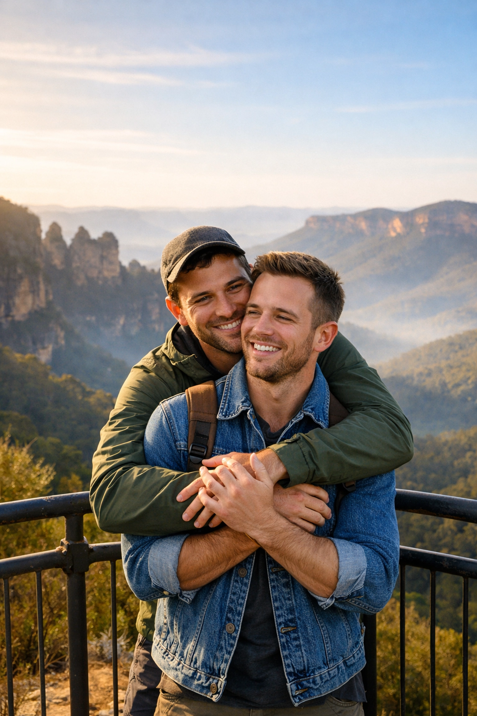 Gay couple honeymoon in Blue Mountains Australia scenic lookout