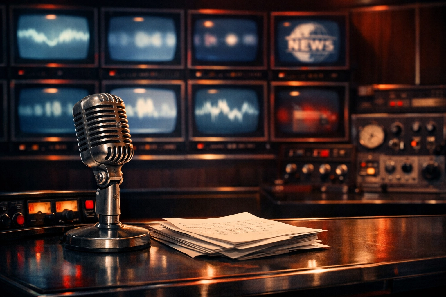 Vintage newsroom desk and microphone symbolizing a calm biblical perspective on current events.