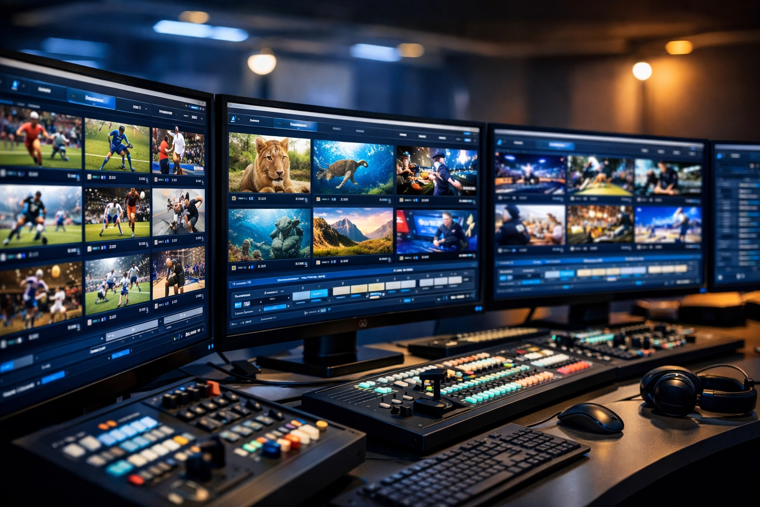 Media asset management control room with organized video content on multiple monitors