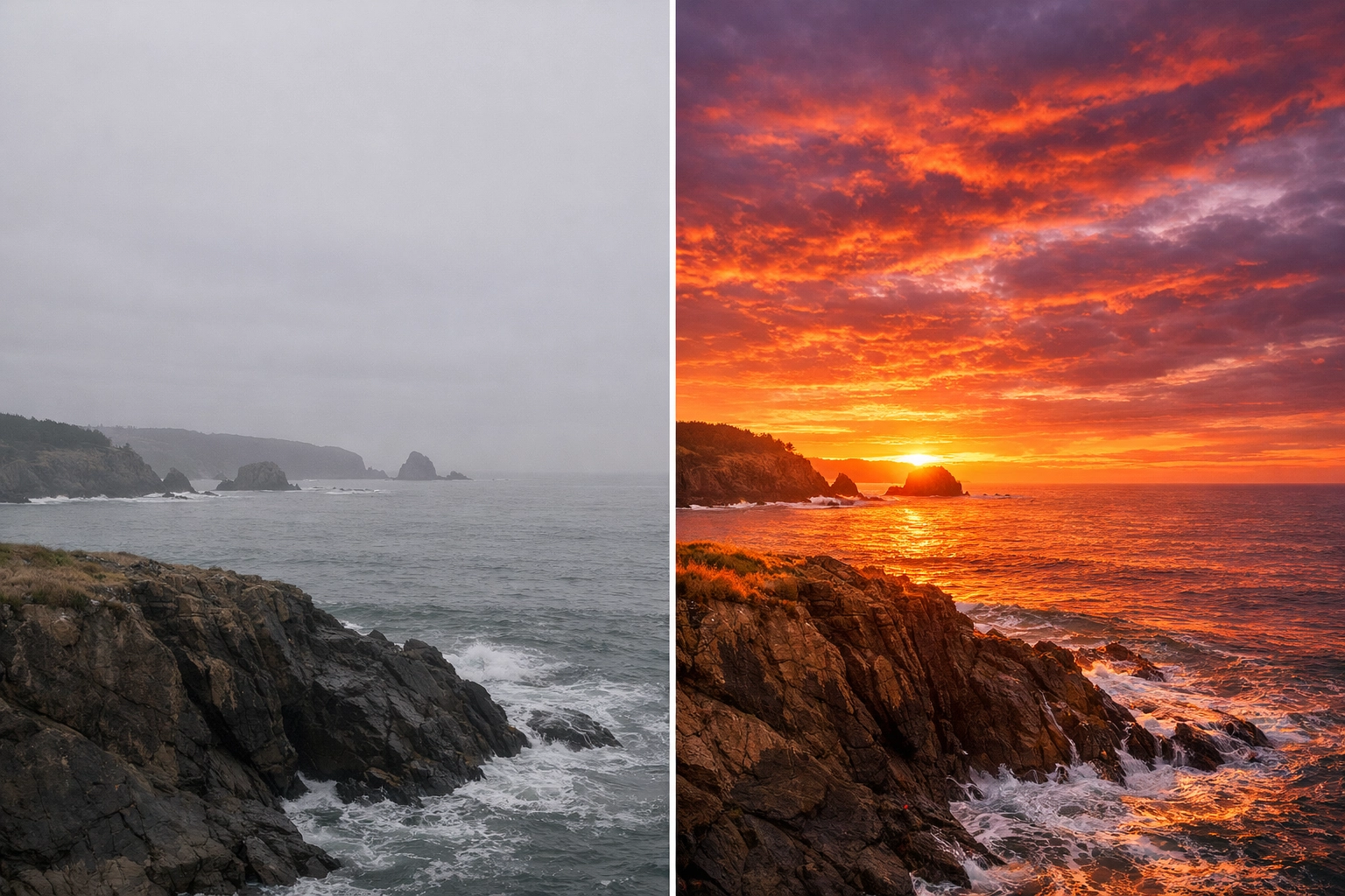 Before and after comparison of AI sky replacement using Luminar Neo on a coastal landscape photo.
