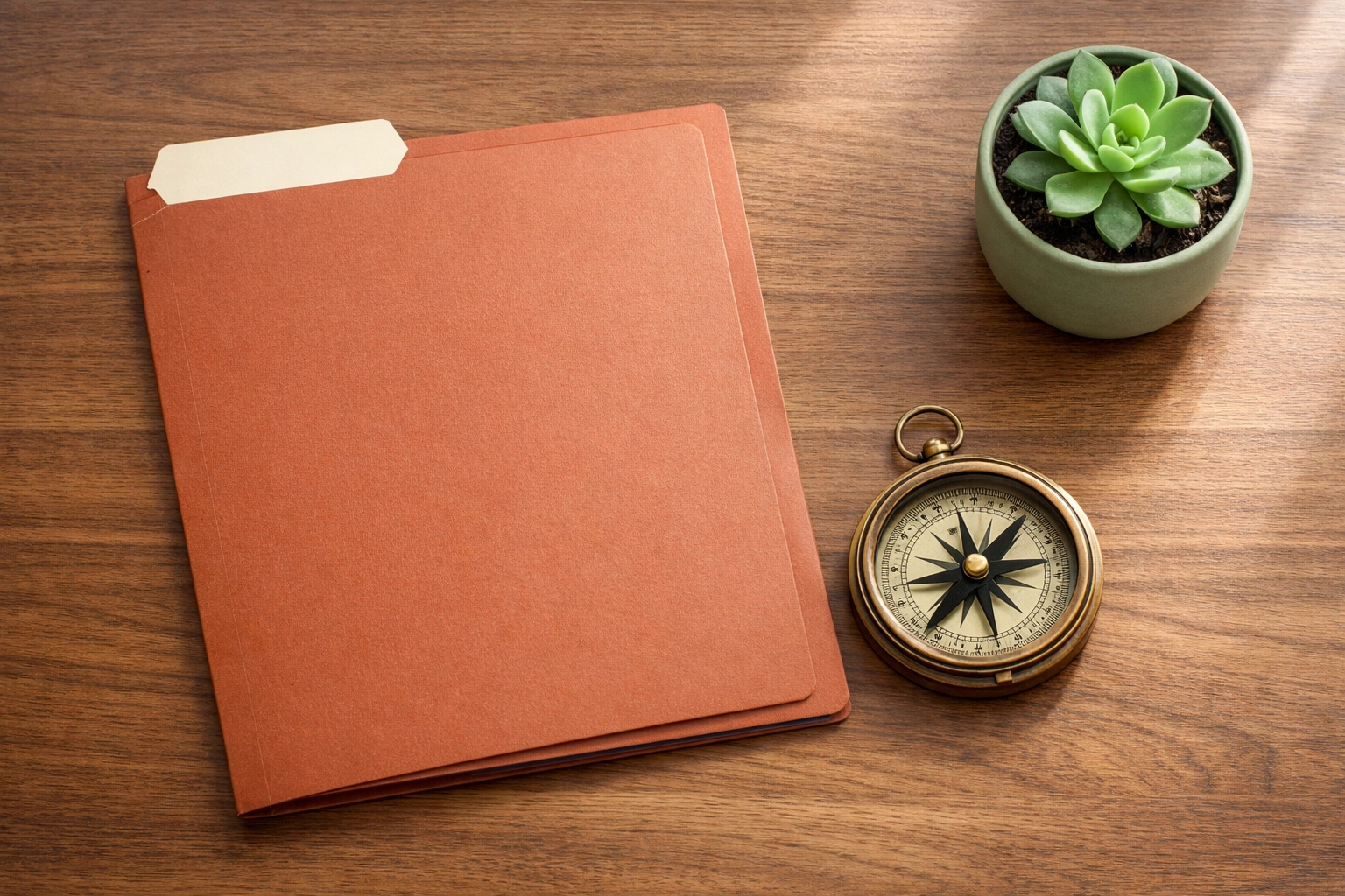 Terracotta legal folder and compass on a wooden desk representing how to modify spousal support Virginia.