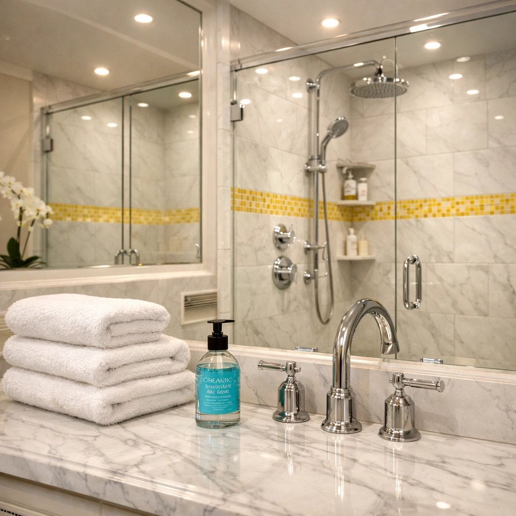 A sanitized luxury bathroom with sparkling chrome fixtures from professional house cleaning in Ashby MA.