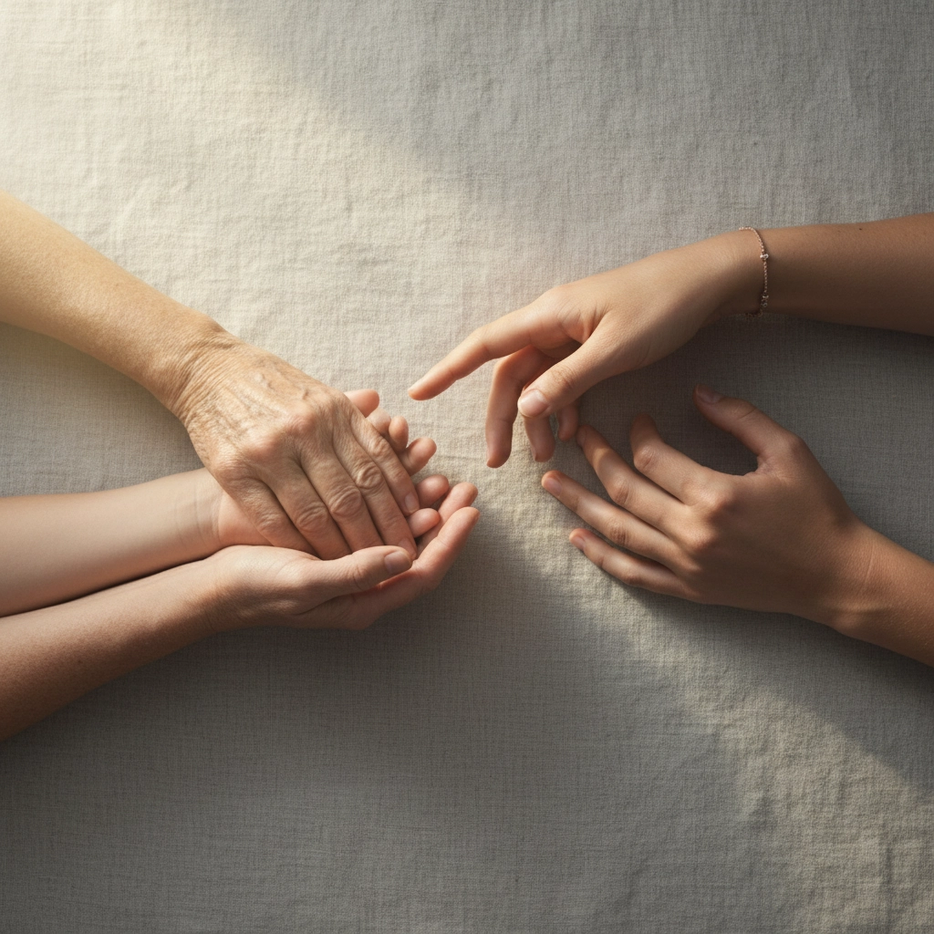 Close-up of three generations holding hands on a soft linen surface, symbolizing family connection, love, and the passing down of stories through a legacy book.