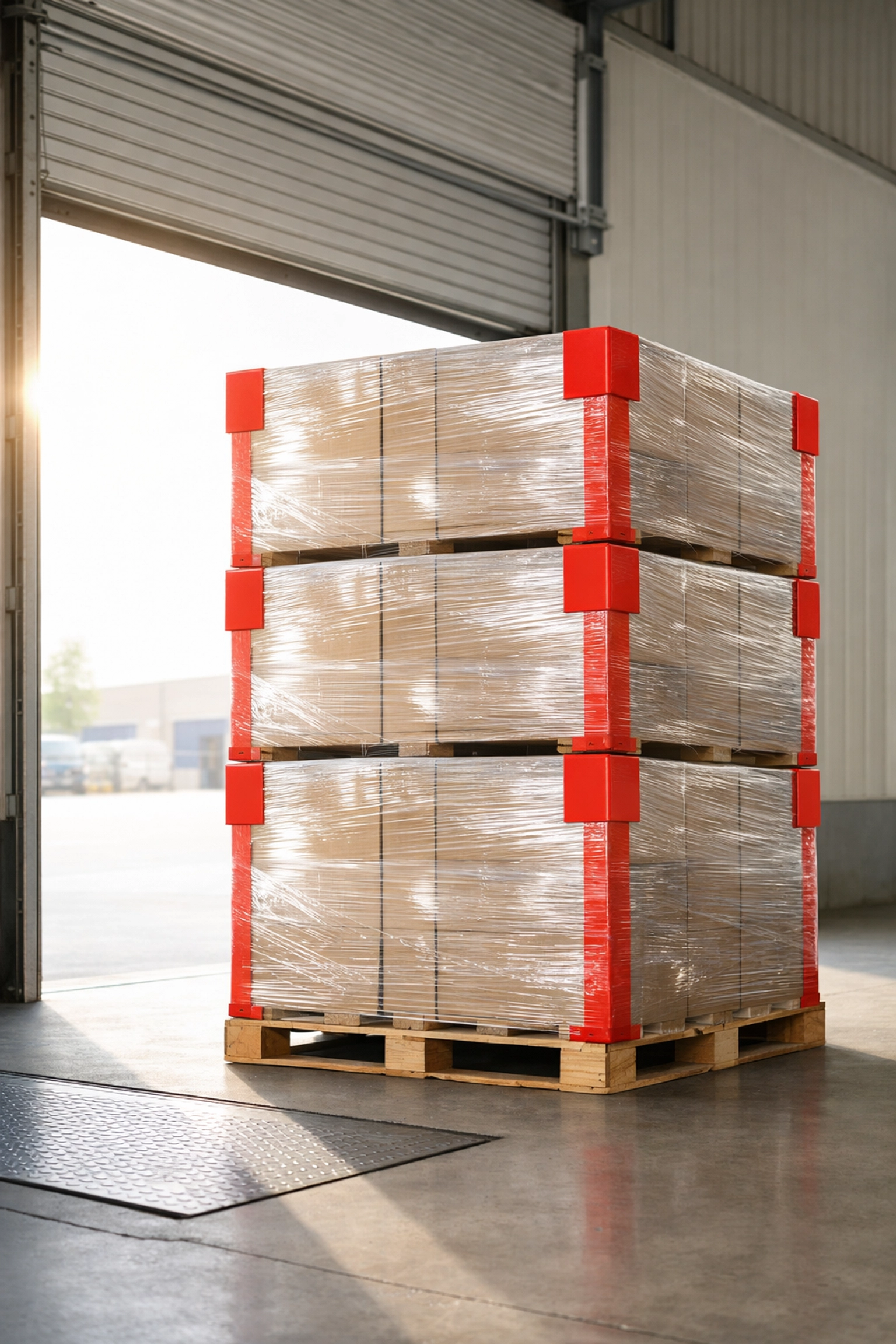 Wrapped pallets on a warehouse loading dock ready for distribution throughout London, Enfield, and Hertford.