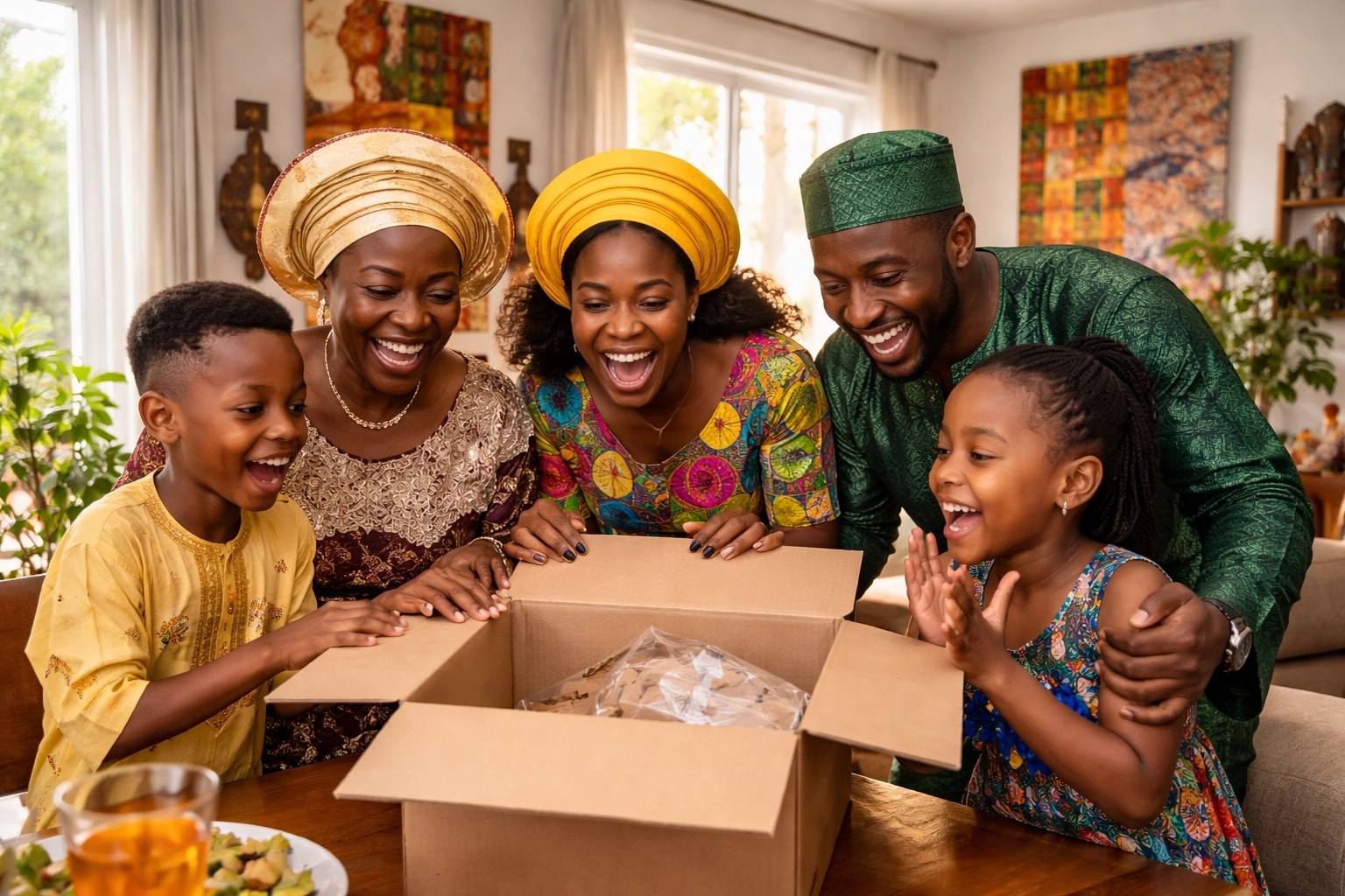 Nigerian family happily unpacking an air freight delivery at home, celebrating international shipping