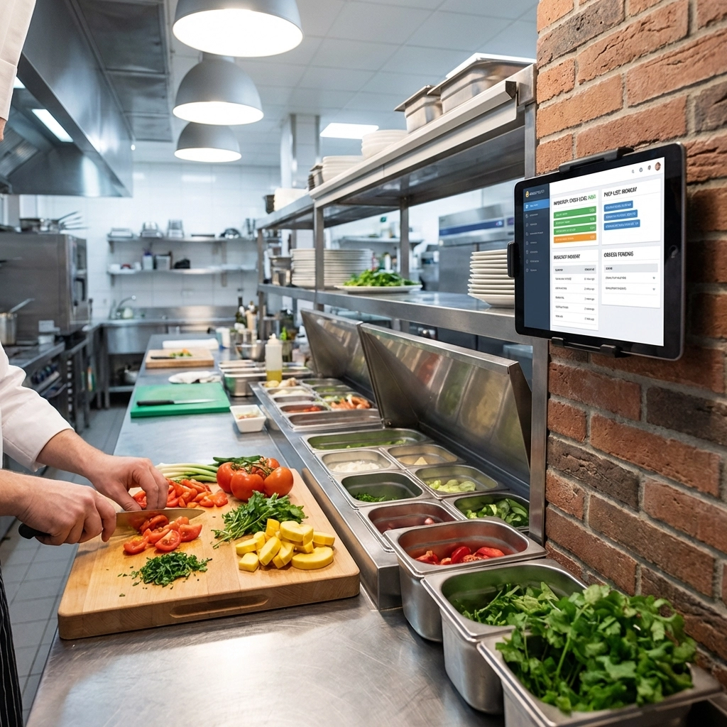 Efficient commercial kitchen with chef and tablet inventory management, illustrating restaurant tech stack innovation in 2026