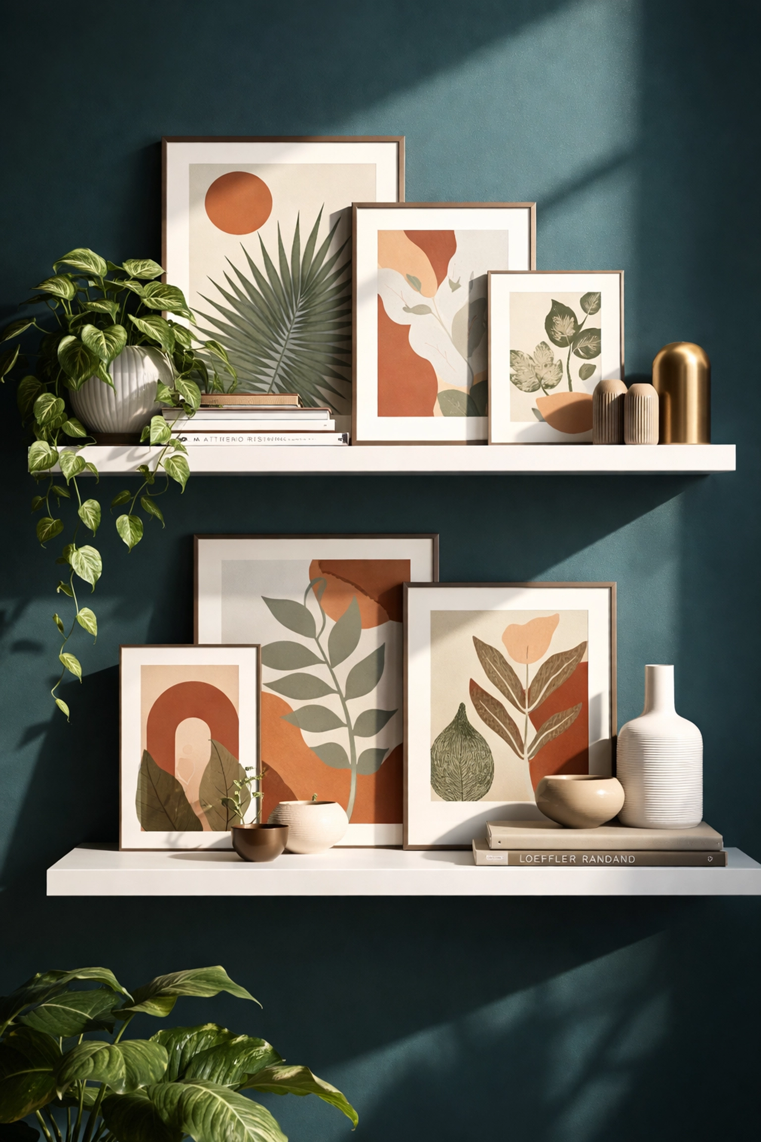 Floating shelves with layered botanical wall art prints, books, and decor, showing how to enhance a room with digital downloads.