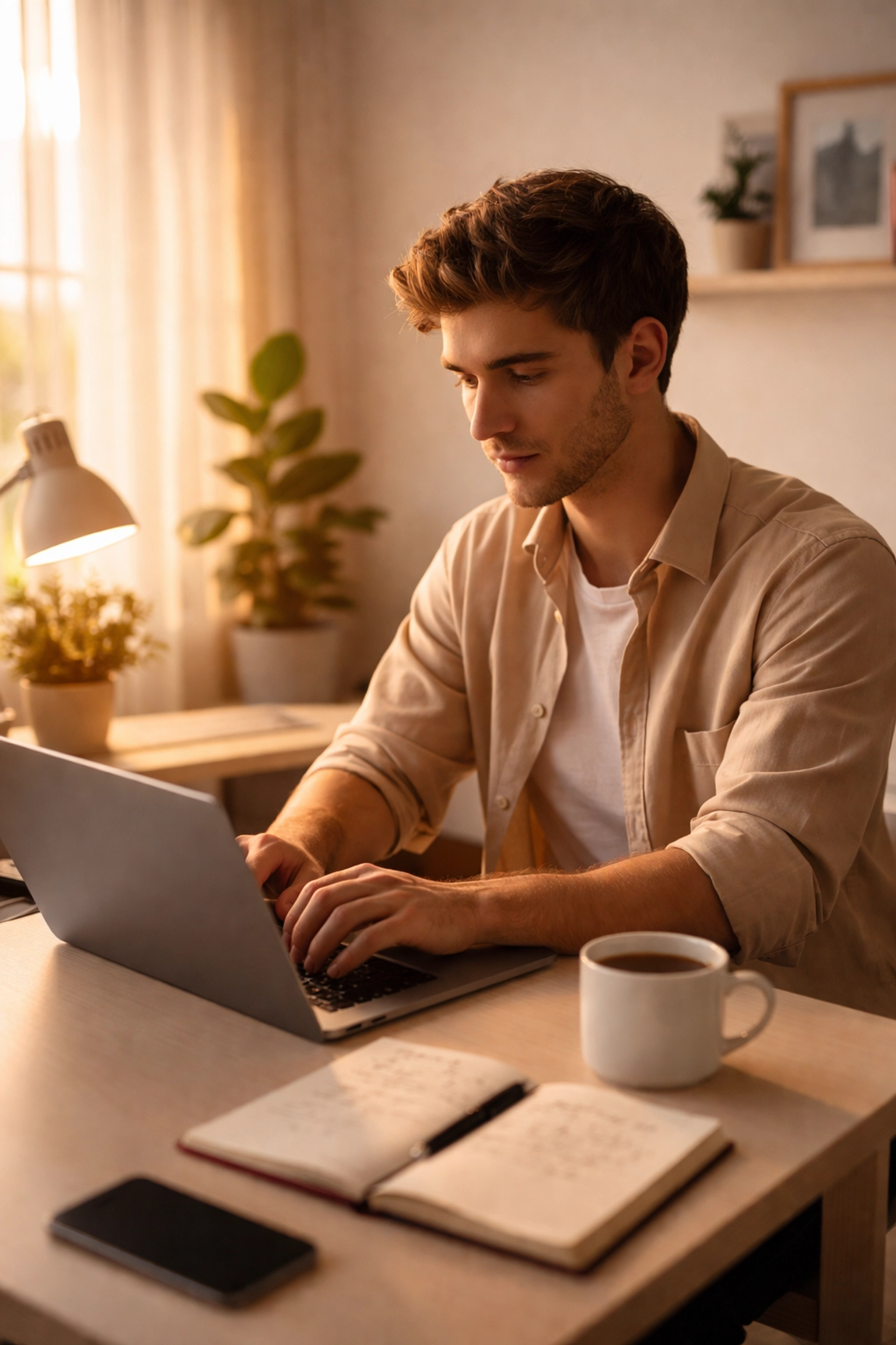 Young entrepreneur working on a laptop at home, building a business while working full-time