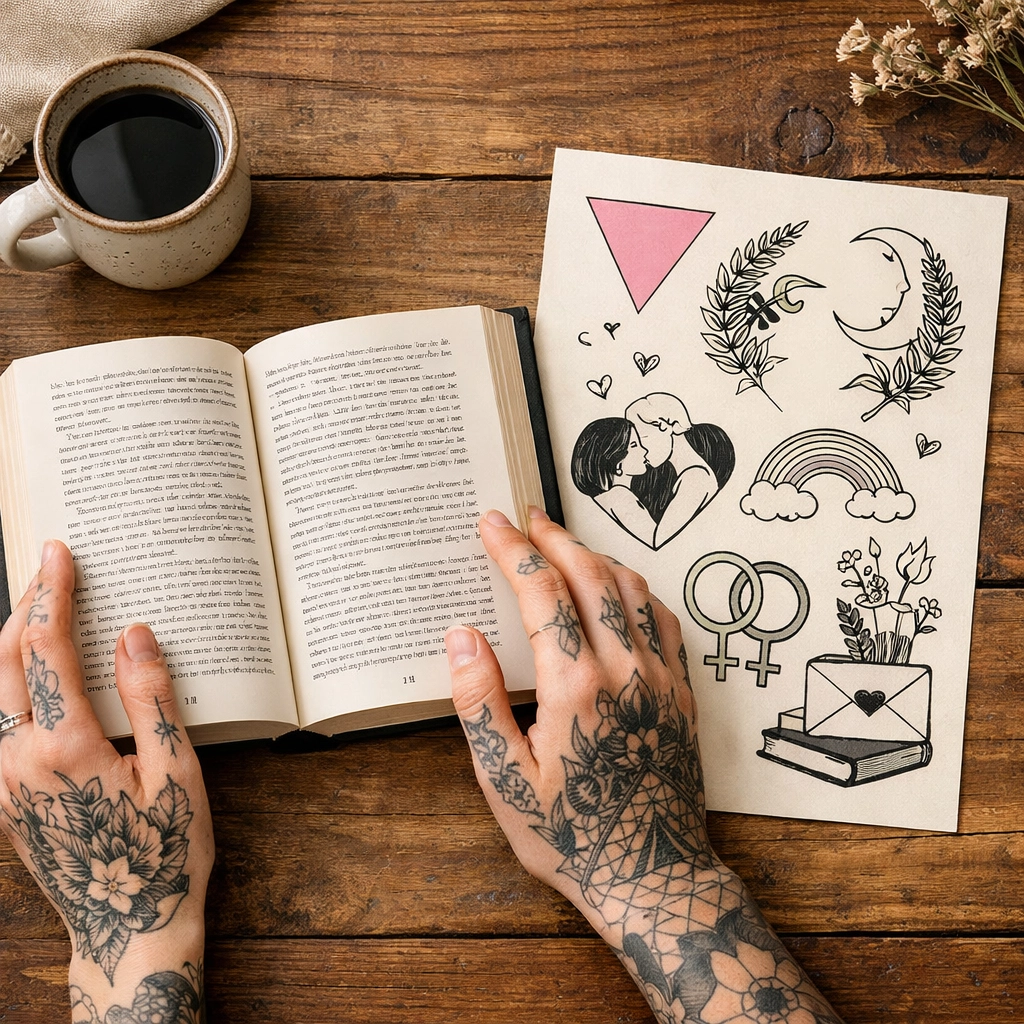 Tattooed hands holding a book next to queer tattoo flash art, blending LGBTQ+ literature and body art.