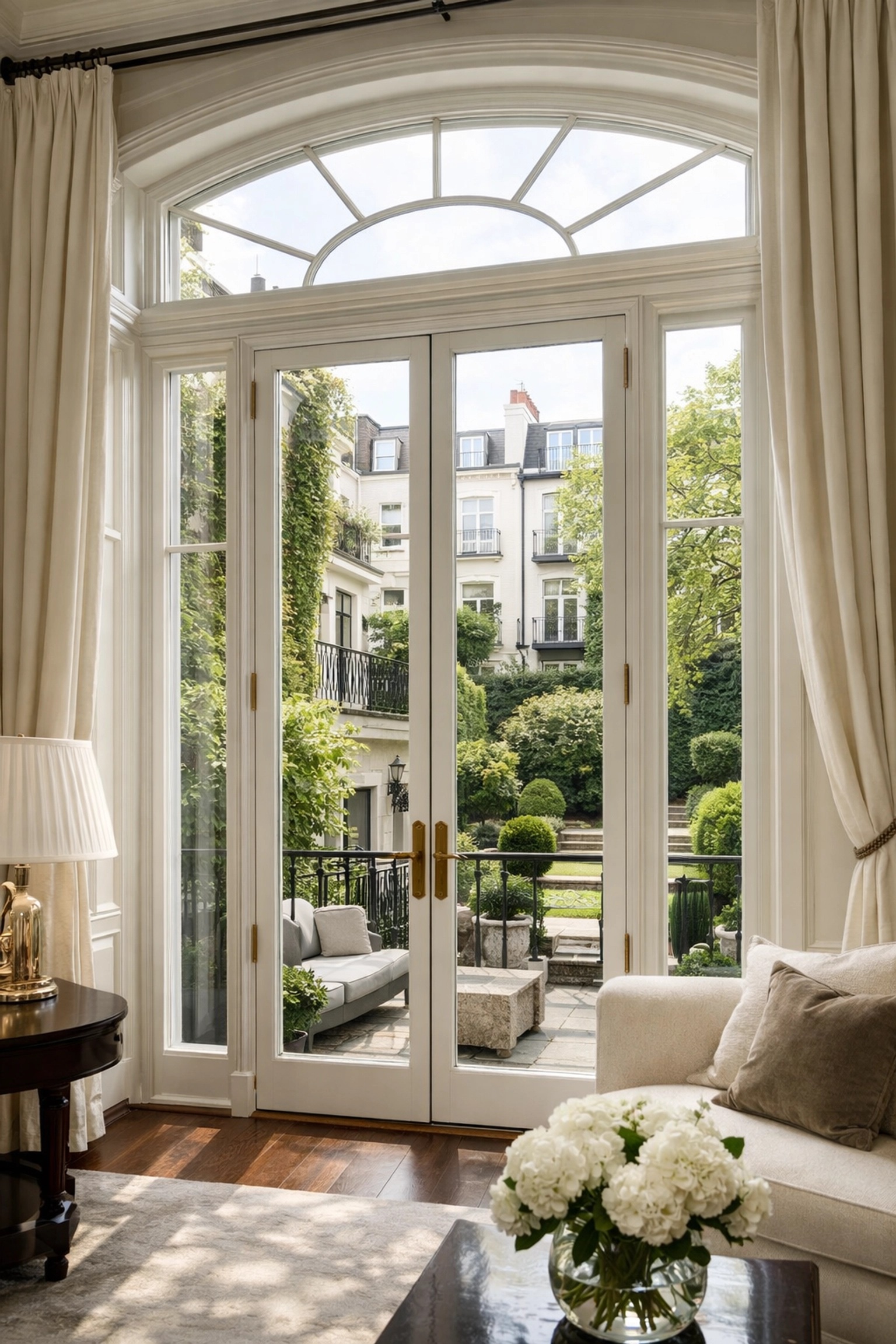 View through restored period window in luxury Chelsea townhouse interior