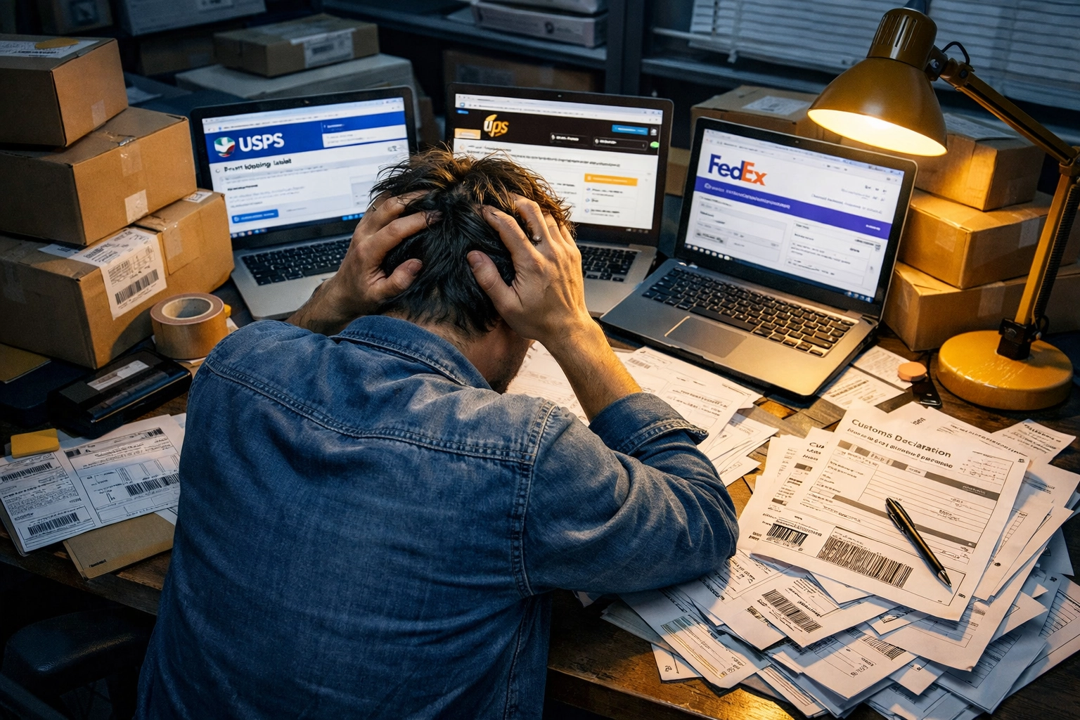 E-commerce business owner overwhelmed by manual shipping labels and multiple carrier websites