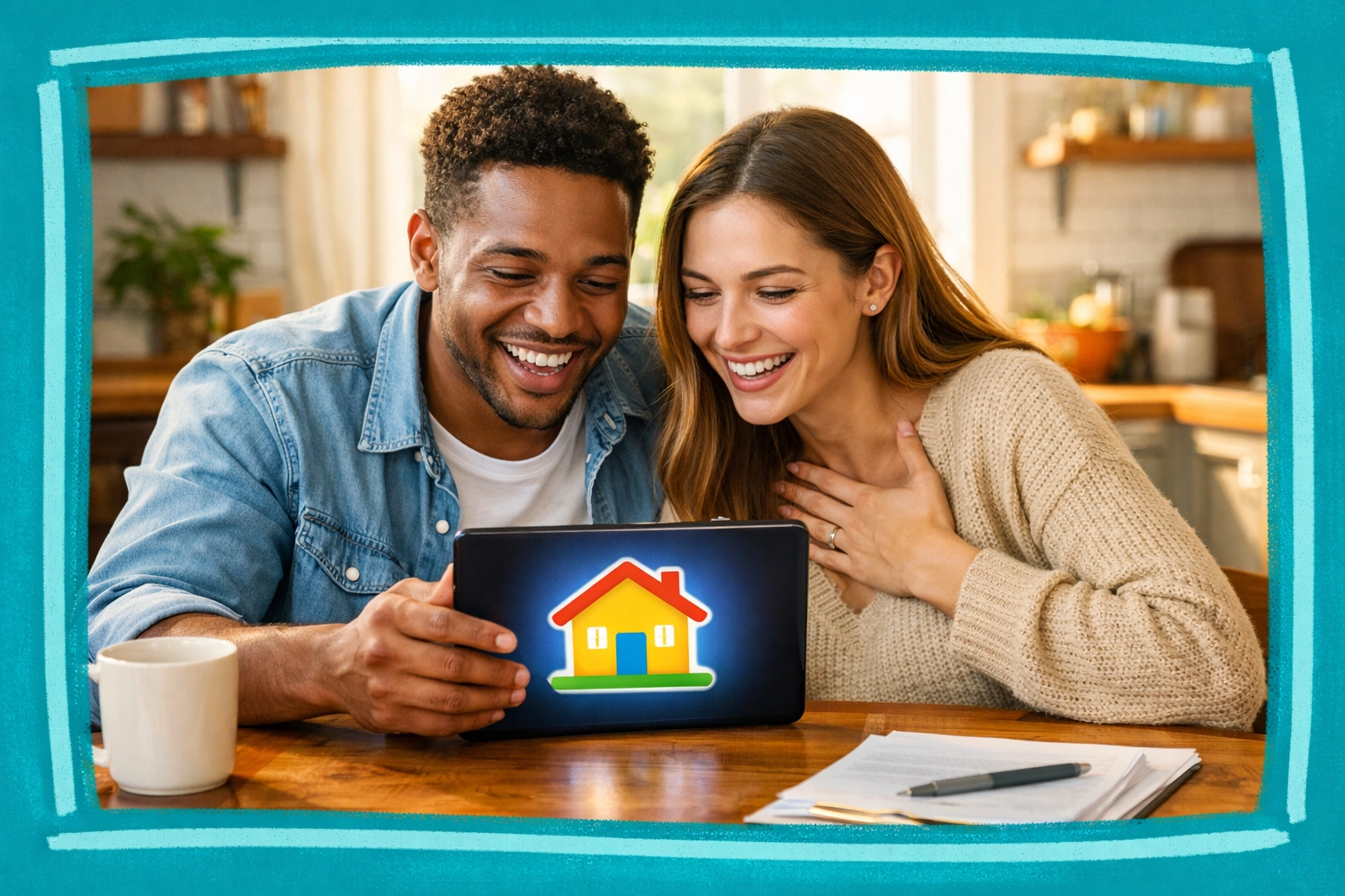 Young couple exploring affordable Connecticut housing options on a tablet in a cozy kitchen.