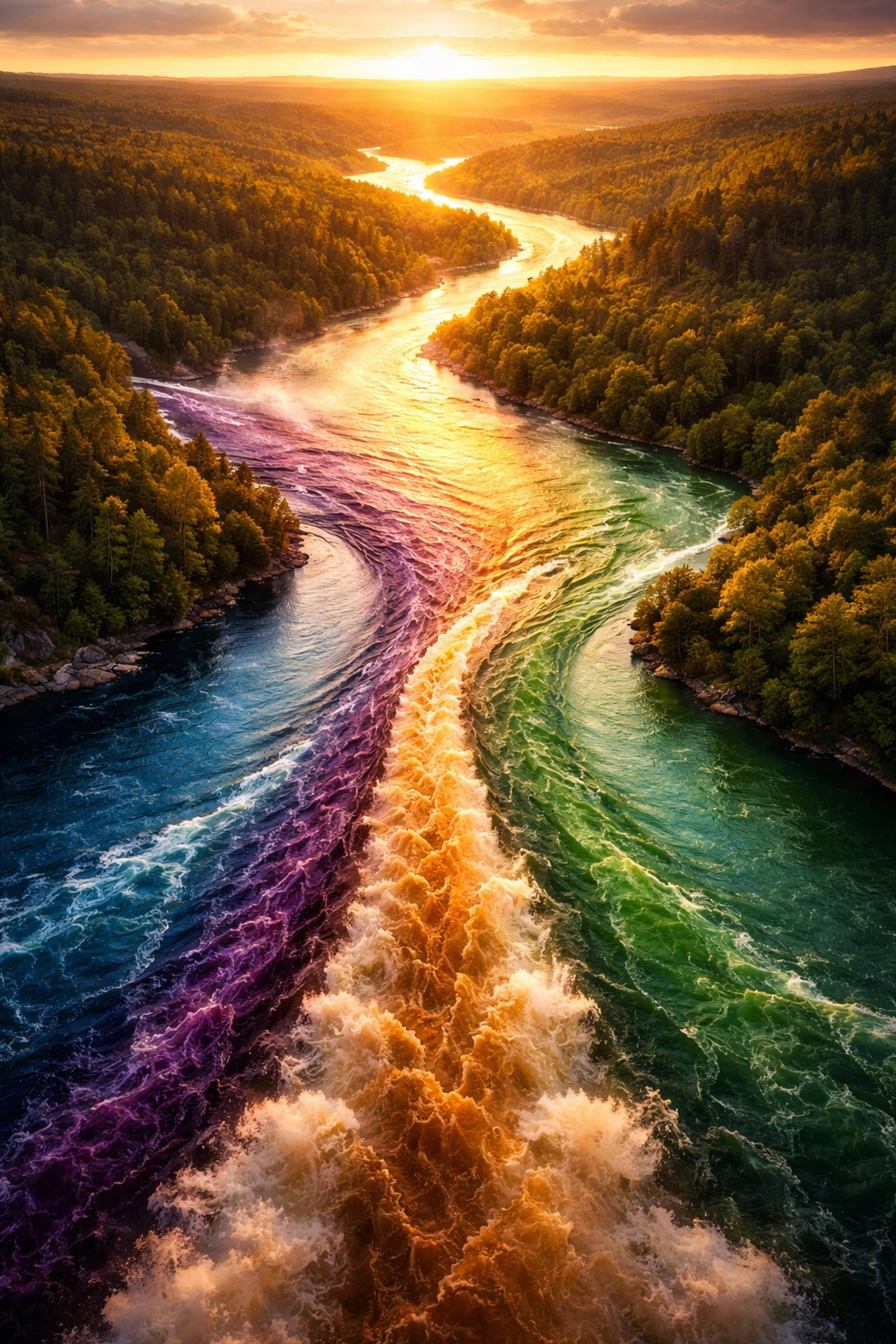 Three colorful rivers merging illustrate equities, fixed income, and alternatives blending into a unified strategy.