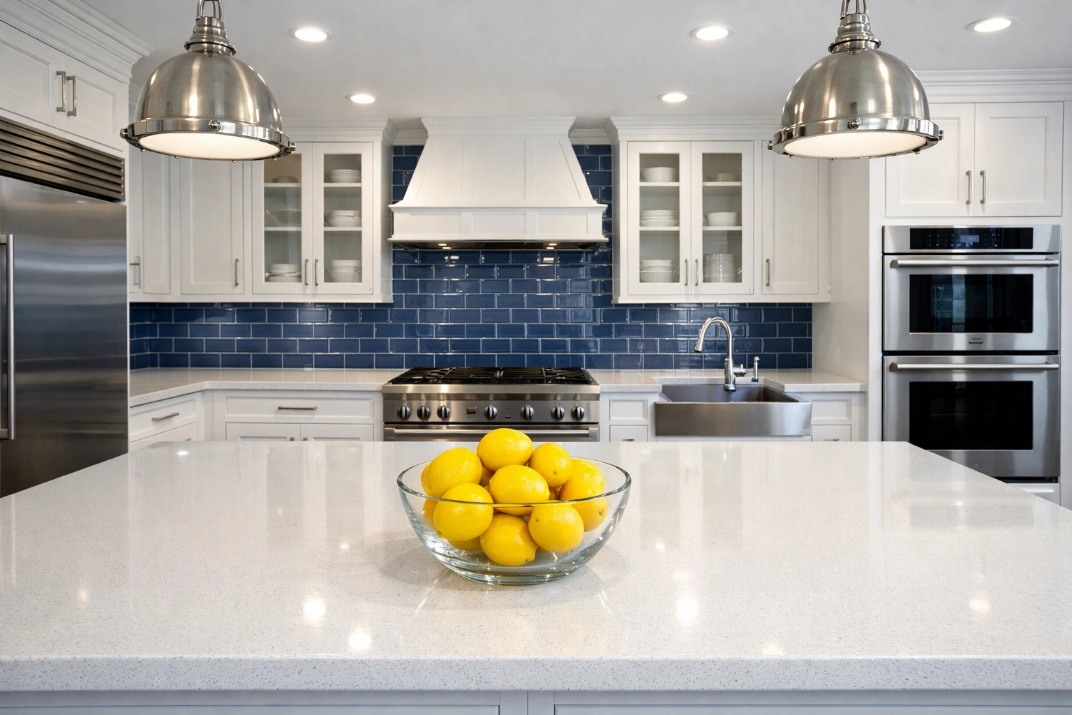 Sparkling clean luxury kitchen with white quartz countertops after a professional house cleaning Dunstable MA visit.