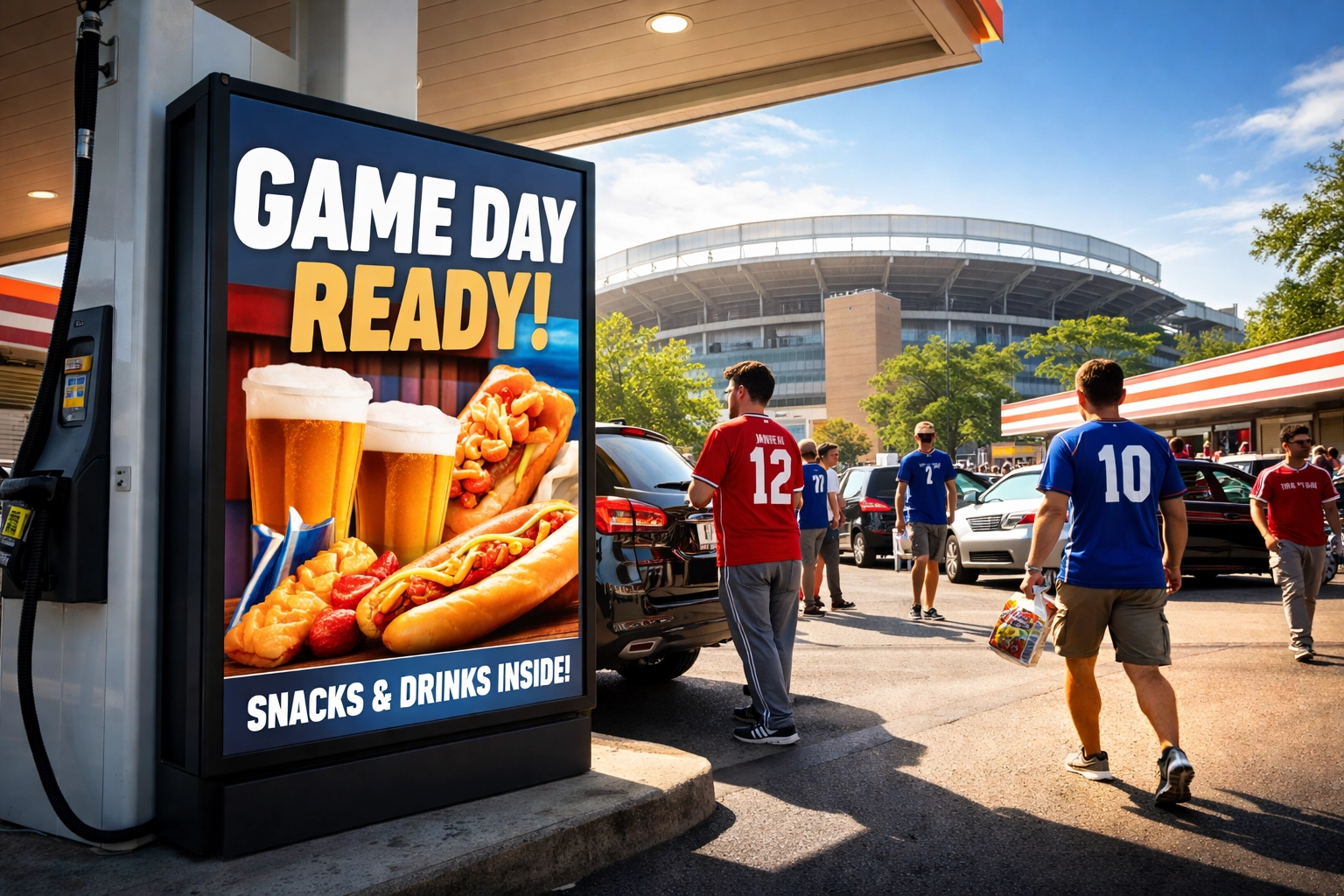 Fans fueling up and shopping at a convenience store with digital ads near a stadium before the game