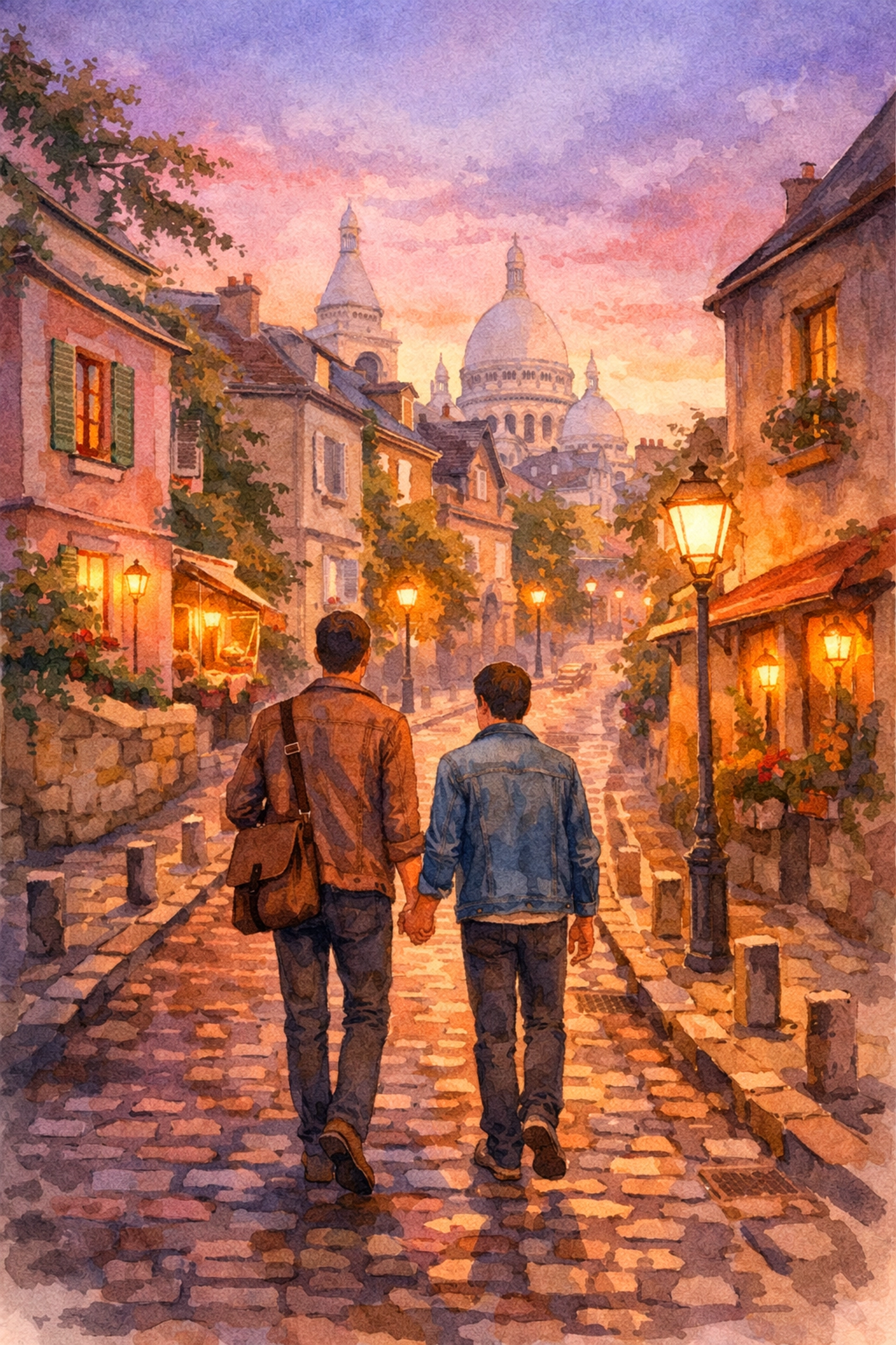 Gay couple walking hand-in-hand through Montmartre cobblestone streets in Paris