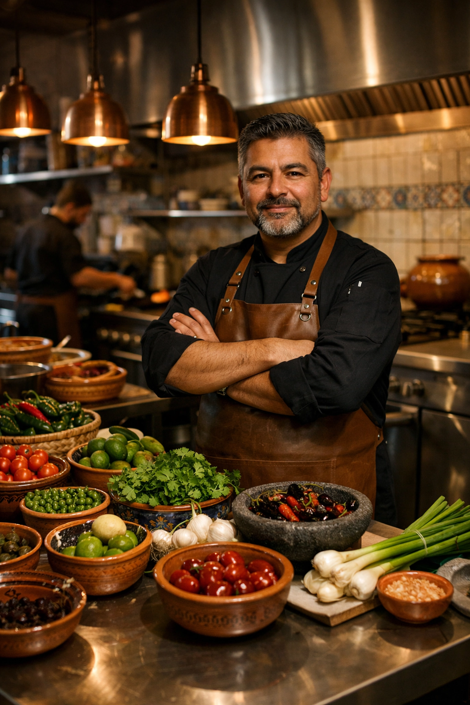 Chef preparing fresh ingredients in contemporary Mexican restaurant kitchen