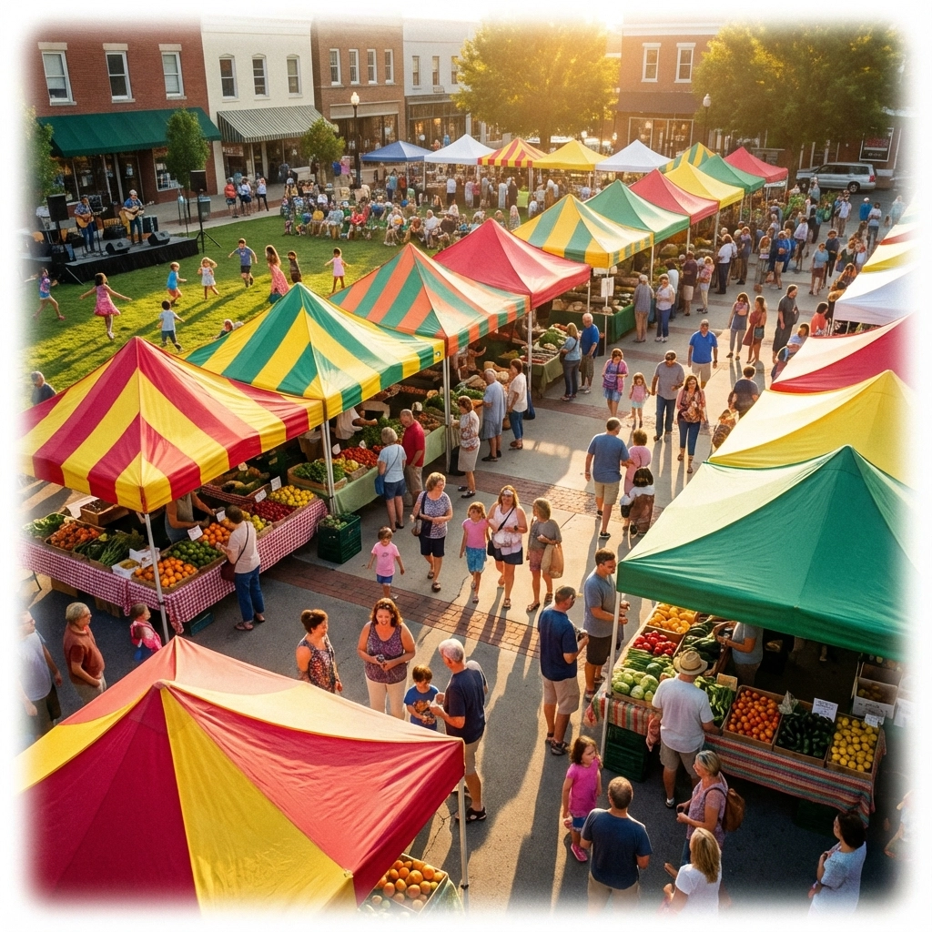 A bustling farmers market scene with colorful striped tents where people browse fresh produce and community members socialize under the warm afternoon sun.


