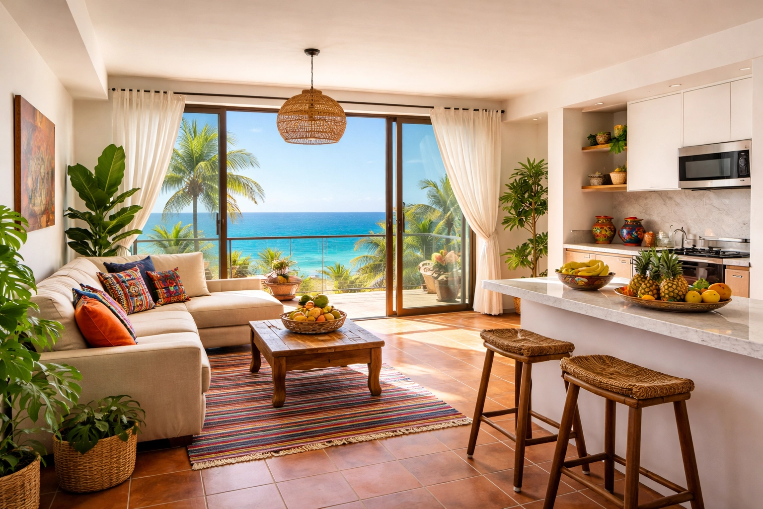 Modern Puerto Vallarta condo interior with ocean view, Mexican textiles, and tropical natural lighting.