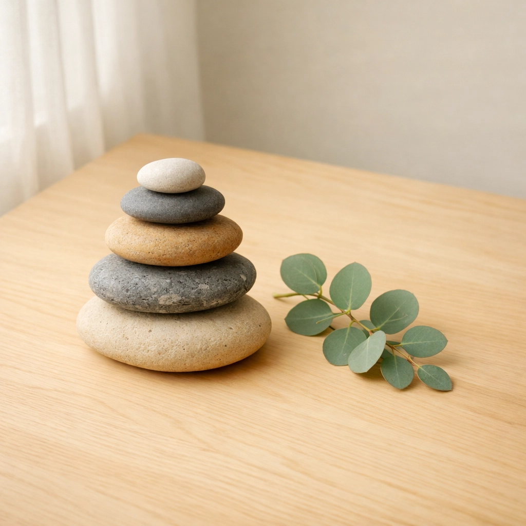 Balanced river stones and eucalyptus sprig illustrating mindfulness techniques for anxiety therapy.