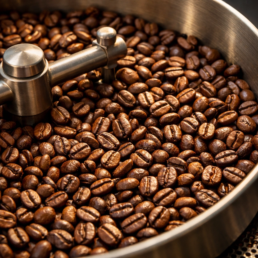 Freshly roasted specialty coffee beans in a cooling tray, showcasing quality for wholesale clients.