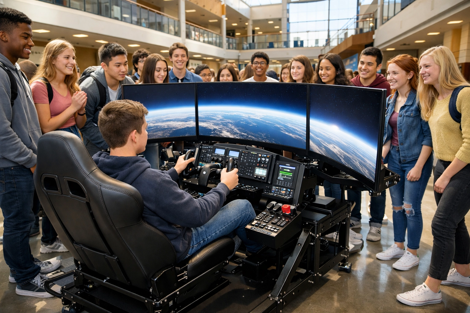 High school students using a modular flight simulator for interactive military recruiting in a school atrium.