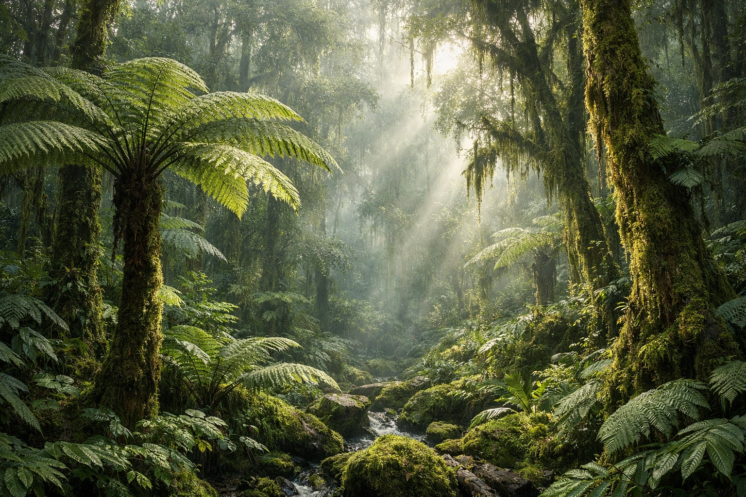 Pristine Colombian Chocó cloud forest with giant ferns, mossy trees, and deep green foliage